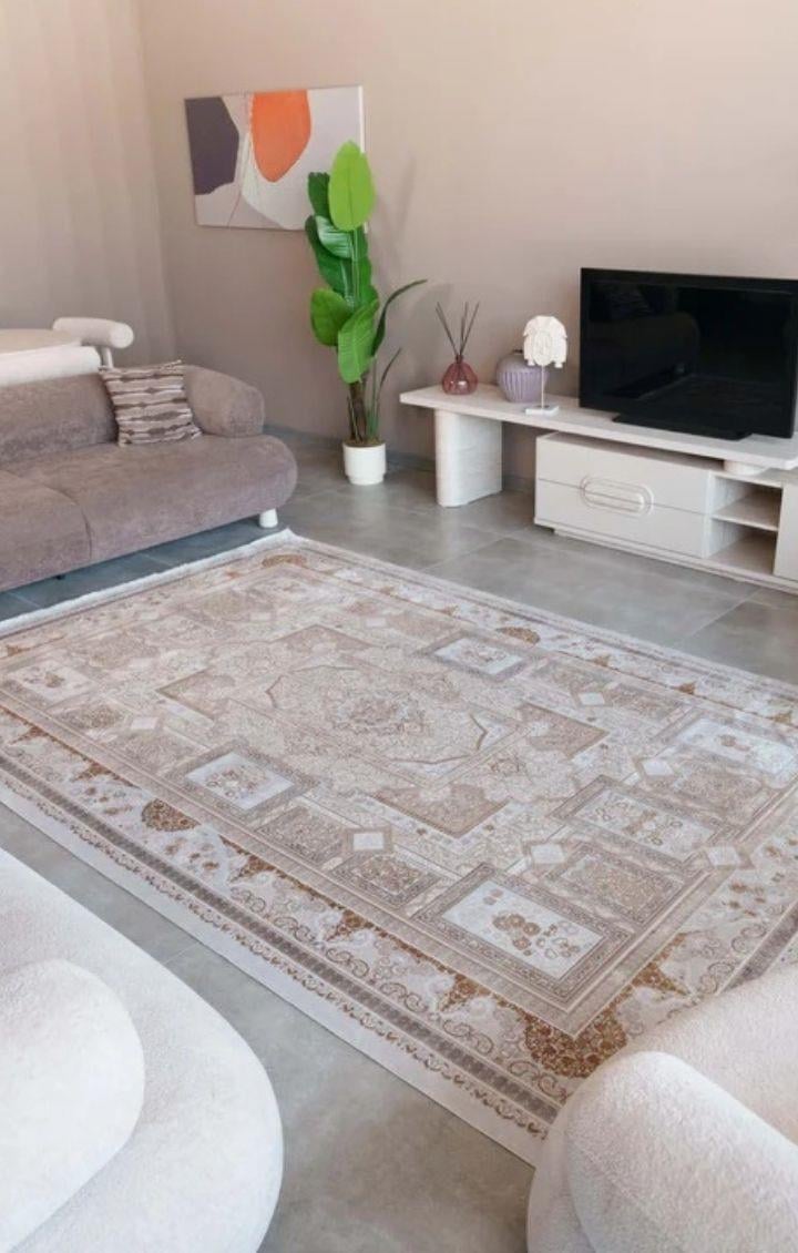 By Özer Halı Açık Bej Renk Geçişli Bordürlü Klasik Stil Saray Halı Juliet JU20A Salon Halısı
