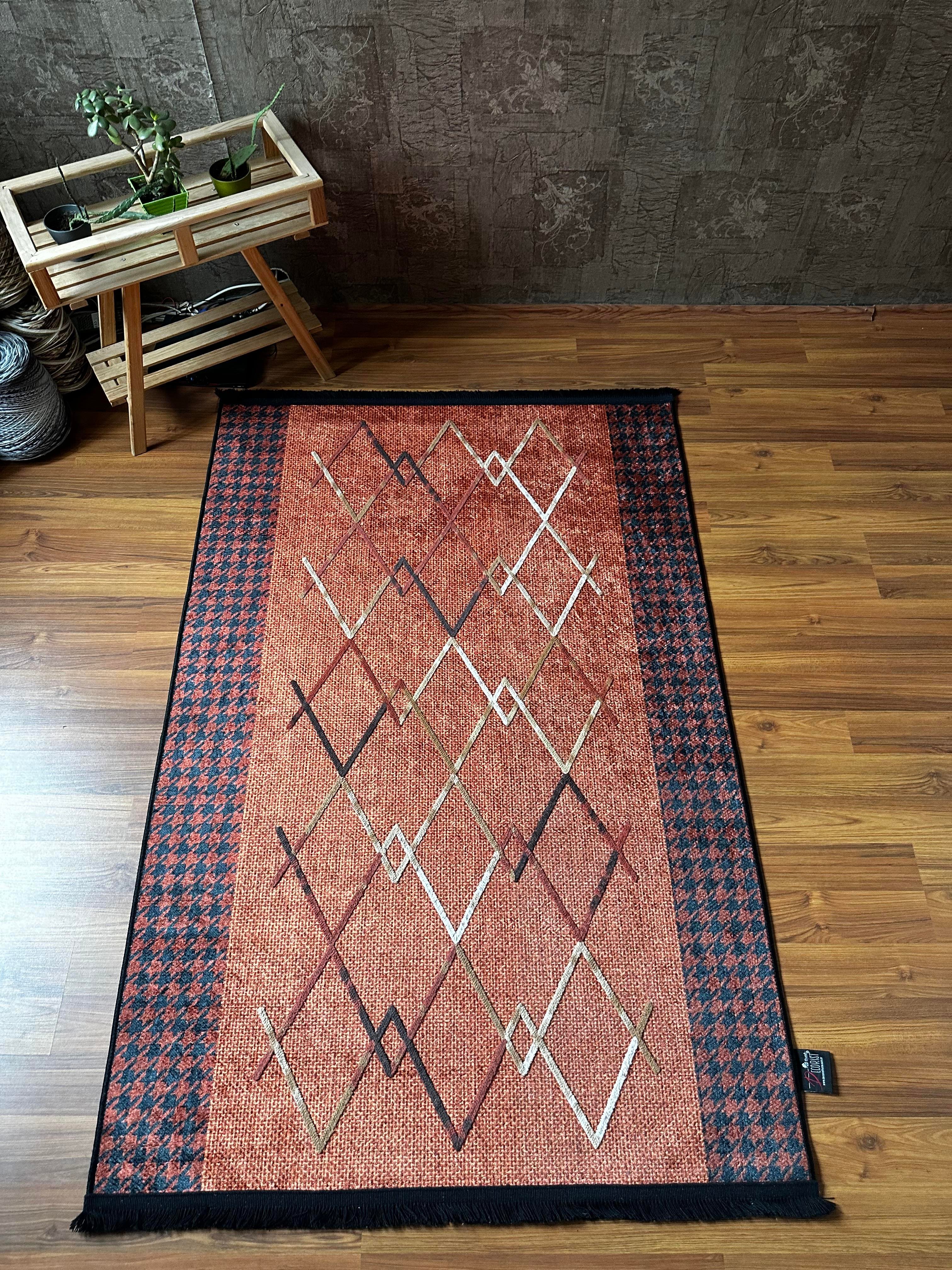 By Özer Halı Baklava Desenli Kazayağı Detaylı Saçaklı Makinede Yıkanabilir Dekoratif Kiremit Kilim