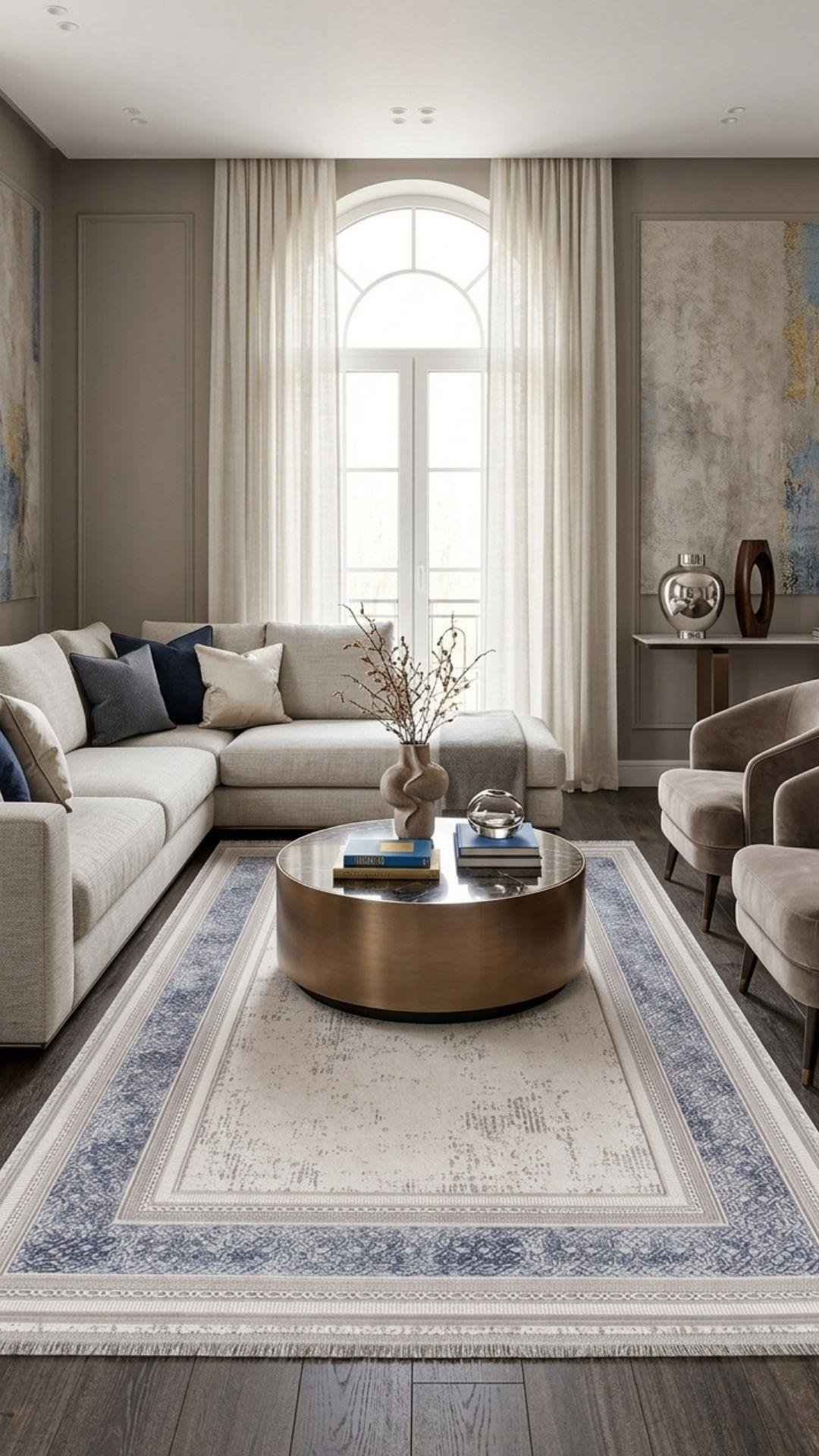By Özer Halı Bej Renk Mavi Çerçeveli Modern Stil Artemis Dior 02495A Salon Halısı