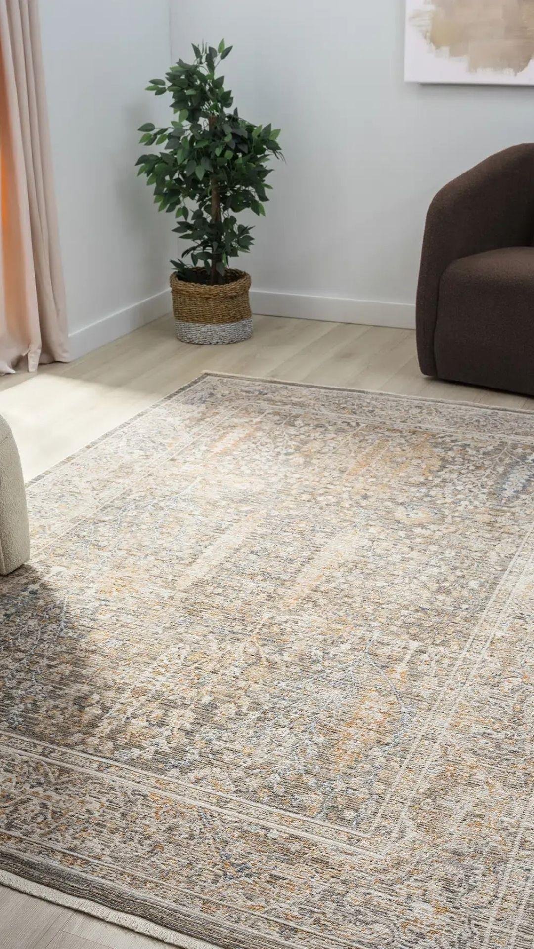 By Özer Halı Bej Renk Polyester Çerçeveli Yumuşak Doku Yüksek Kaliteli Seyran Halı Peru 10202 Salon Halısı