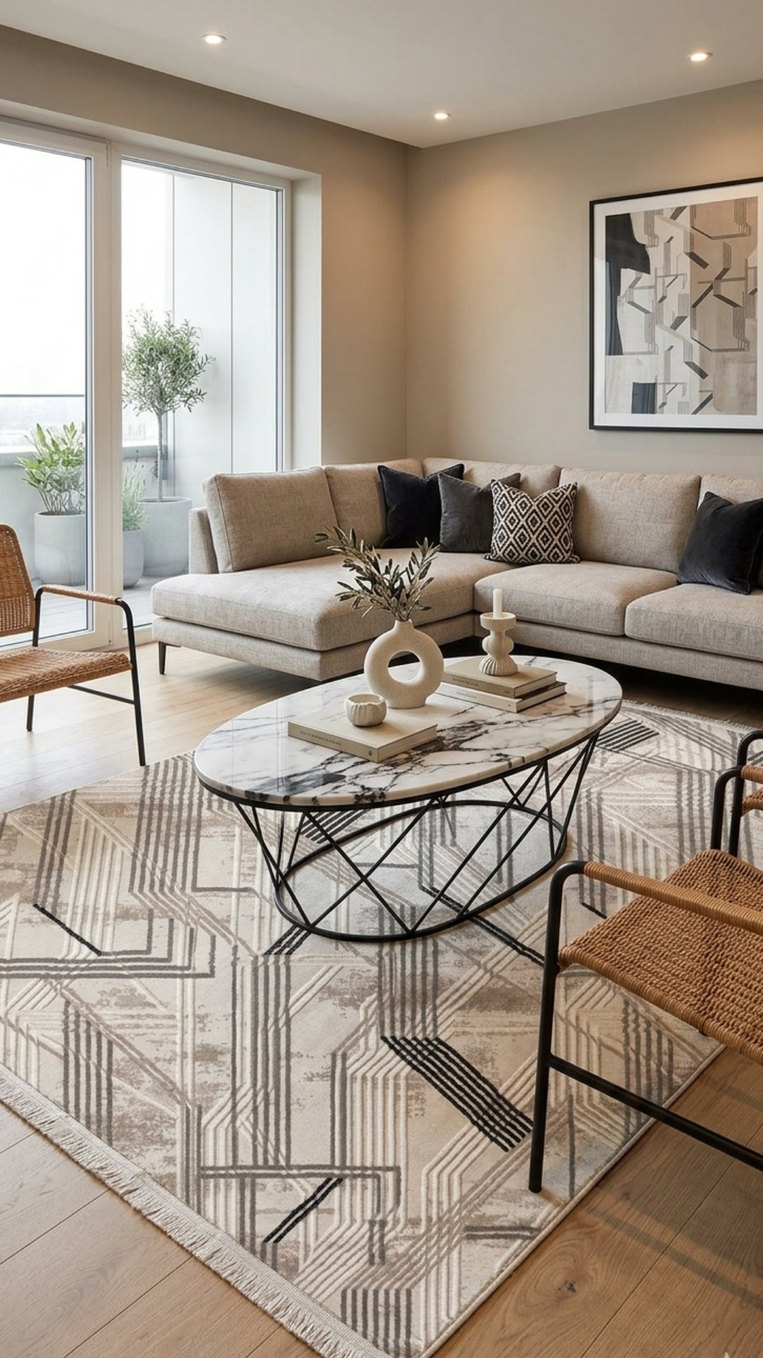 By Özer Halı Bej Renk Siyah Çizgili Modern Stil Akrilik İplik Estefan EU06A Salon Halısı