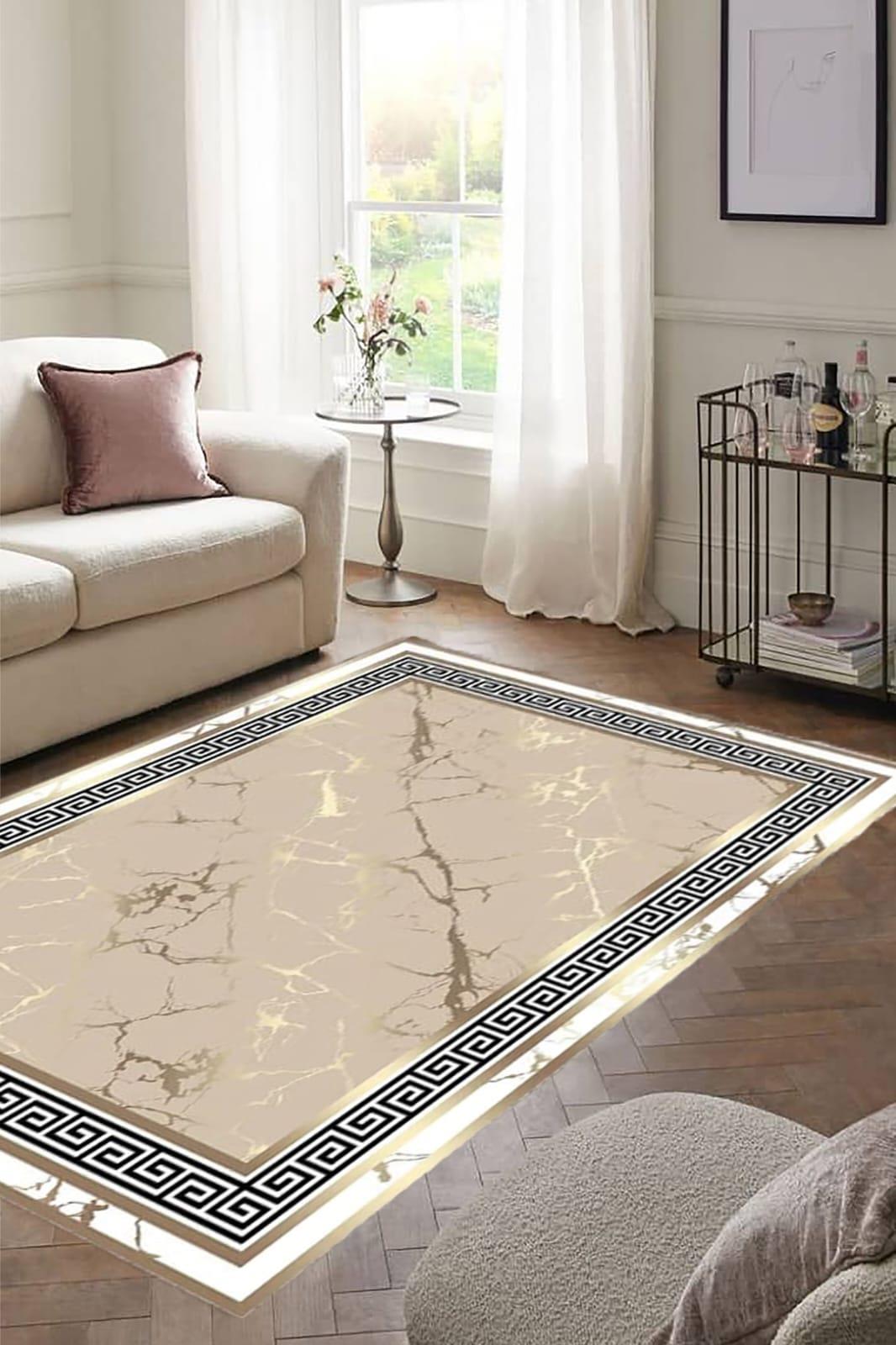 By Özer Halı Bordürlü Bej Gold Renk Desenli Makinede Yıkanabilir Modern Stil Yolluk Salon Halısı