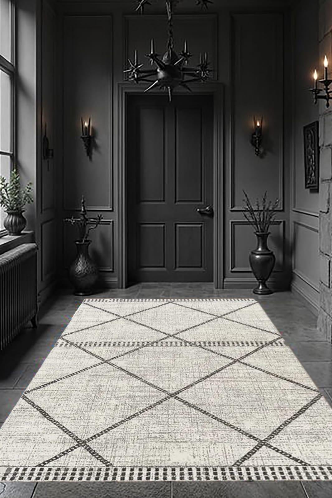 By Özer Halı Dot Taban Bej Renk Çizgili Makinede Yıkanabilir Modern Stil Kilim Yolluk Salon Halısı