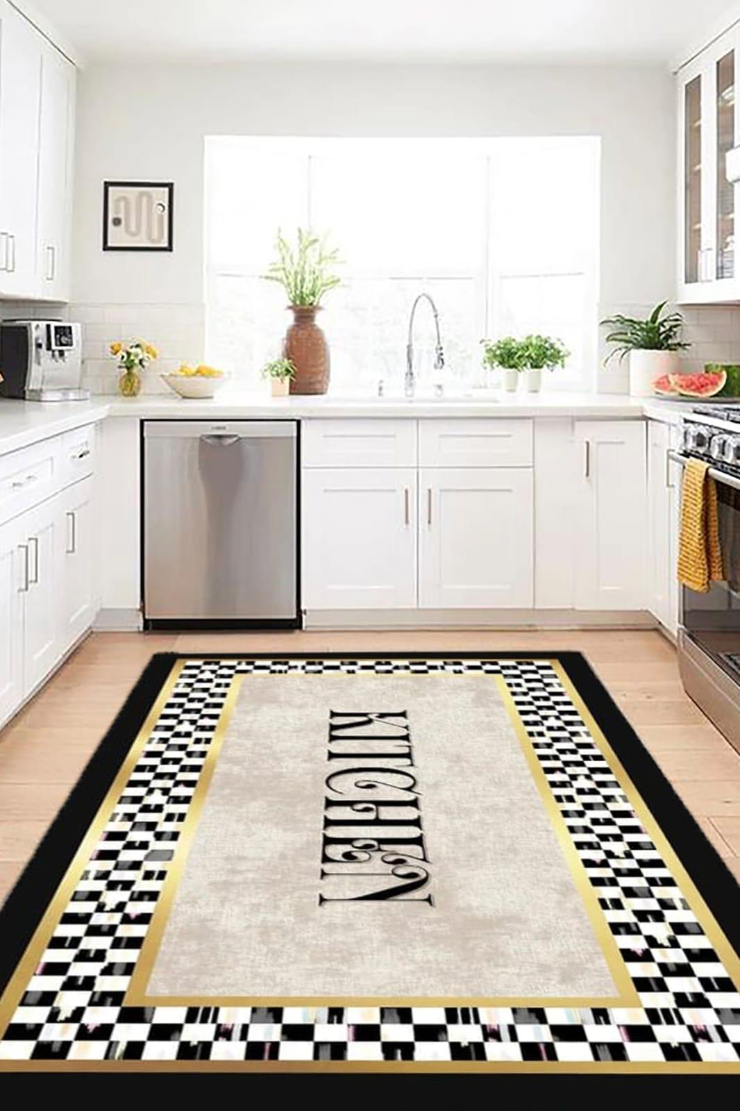 By Özer Halı Dot Taban Bordürlü Bej Gold Renk Geçişli Mozaik Desen Makinede Yıkanabilir Modern Stil Kilim Yolluk Mutfak Halısı