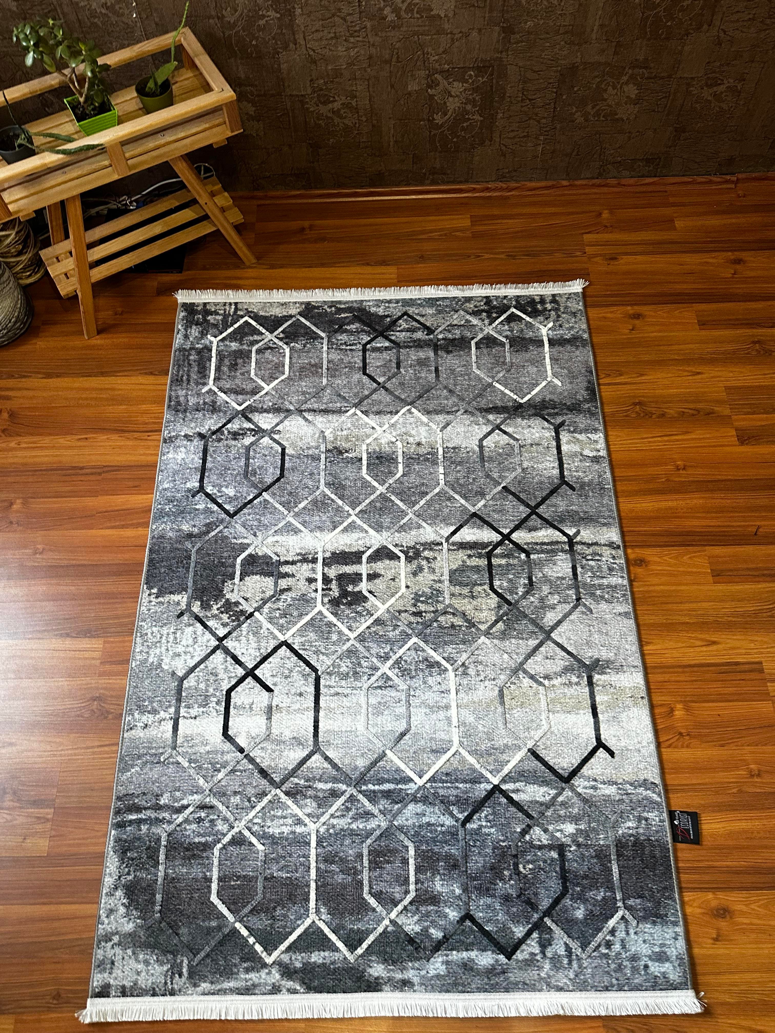By Özer Halı Geometrik Desenli Gri Tonları Renk Geçişli Saçaklı Makinede Yıkanabilir Modern Kilim