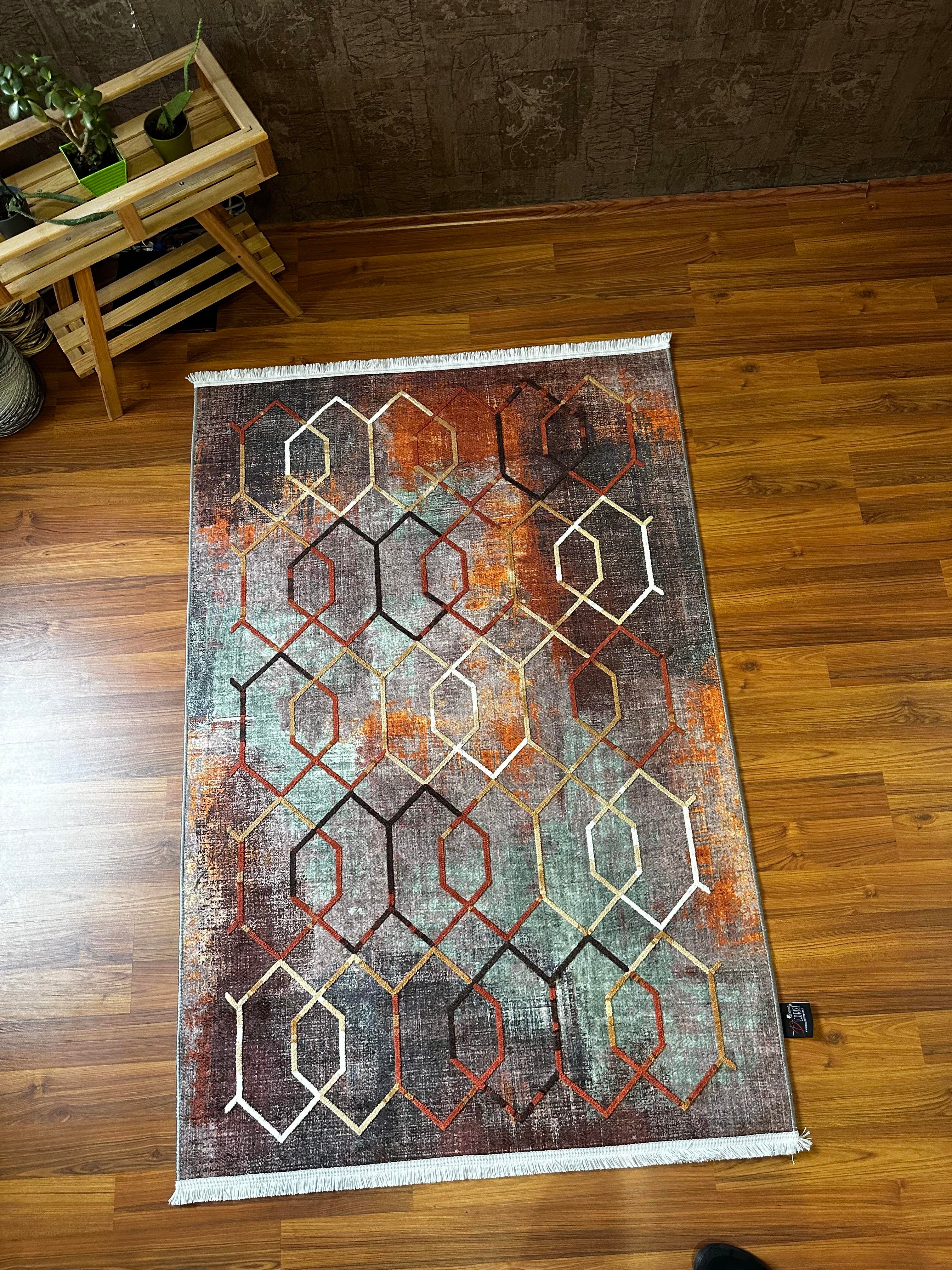 By Özer Halı Geometrik Desenli Kahve Tonları Renk Geçişli Saçaklı Makinede Yıkanabilir Modern Kilim