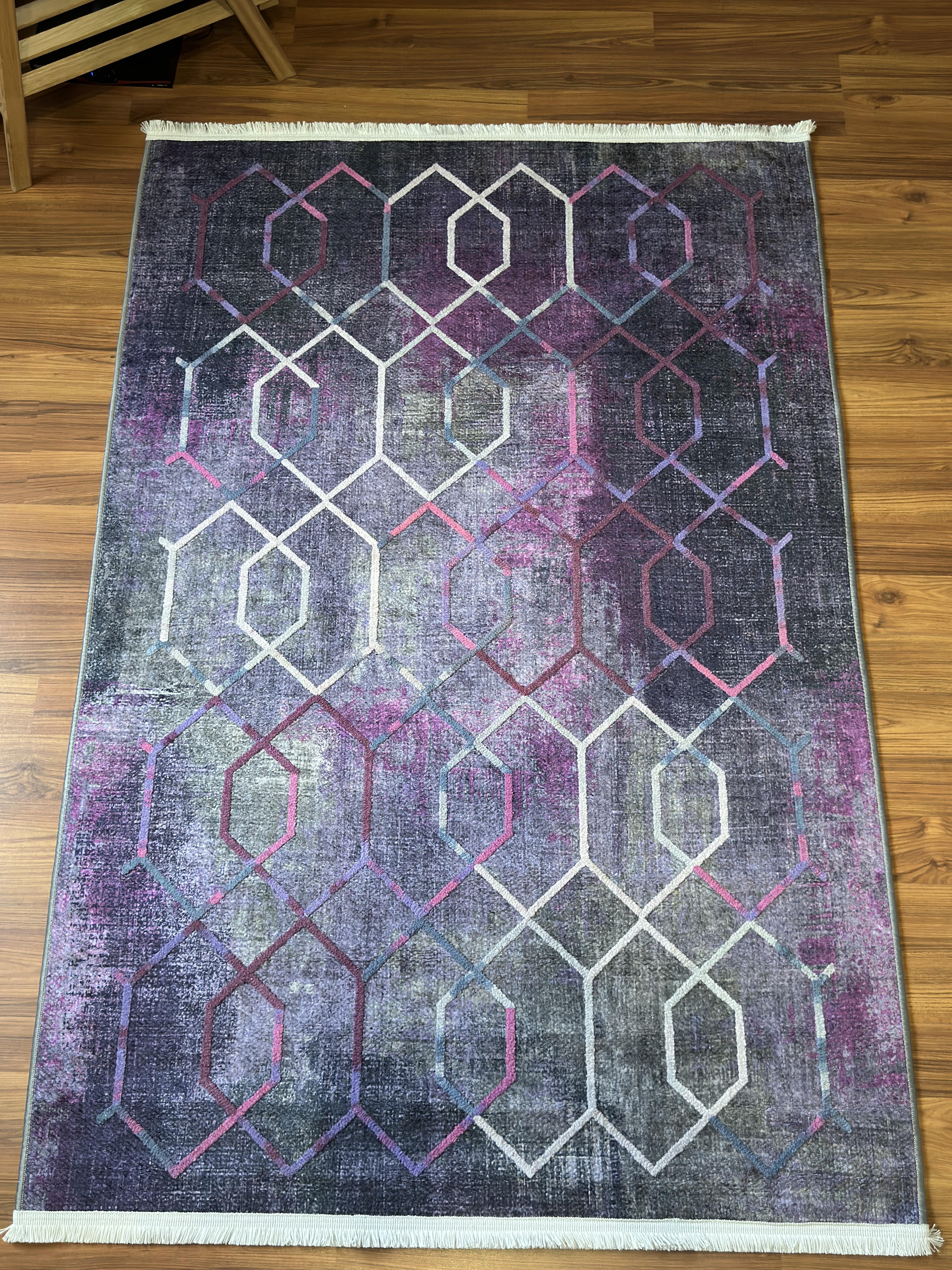 By Özer Halı Geometrik Desenli Mor Tonları Renk Geçişli Saçaklı Makinede Yıkanabilir Modern Kilim