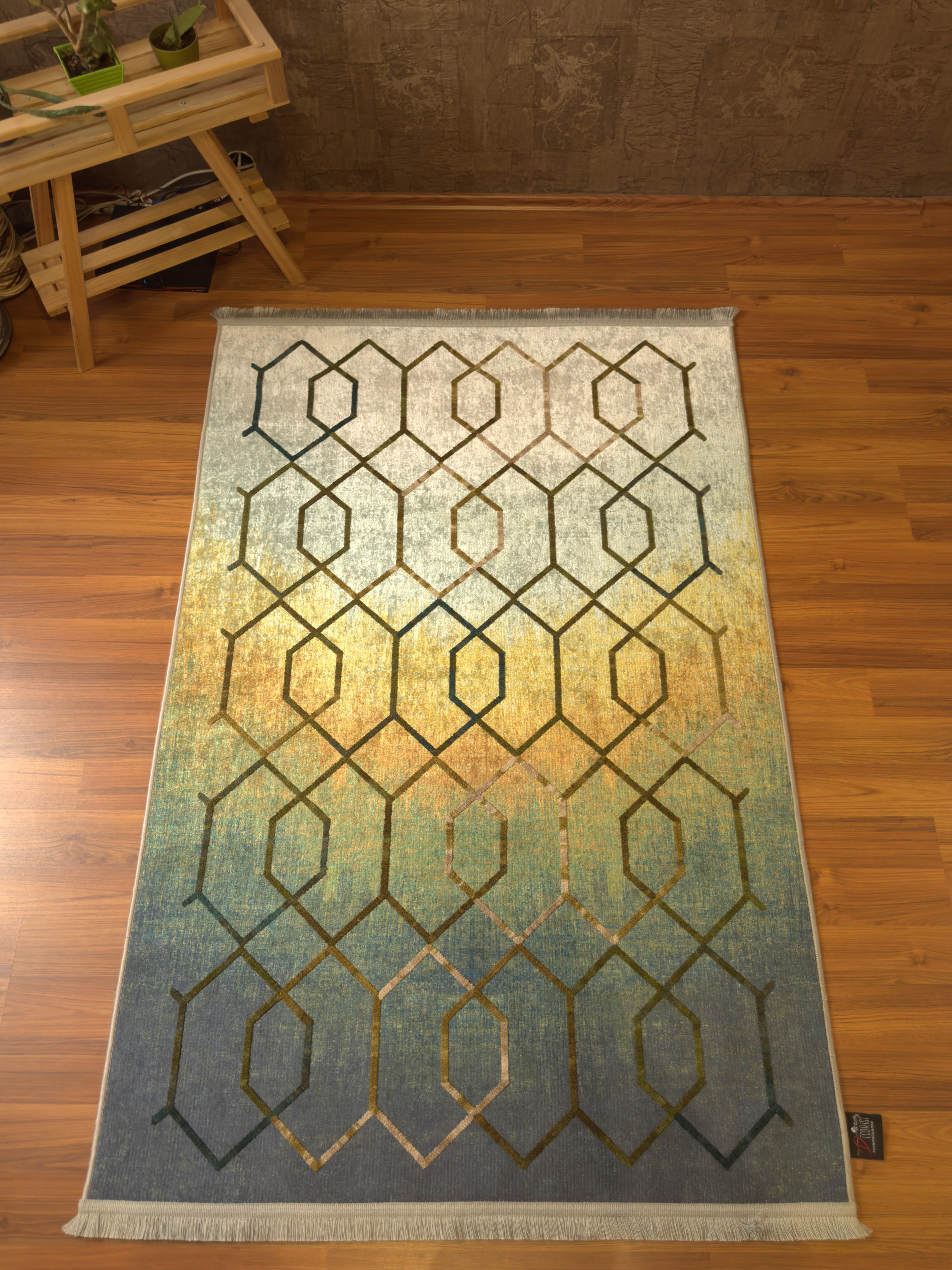 By Özer Halı Geometrik Desenli Yeşil Kahve Renk Geçişli Saçaklı Makinede Yıkanabilir Modern Kilim