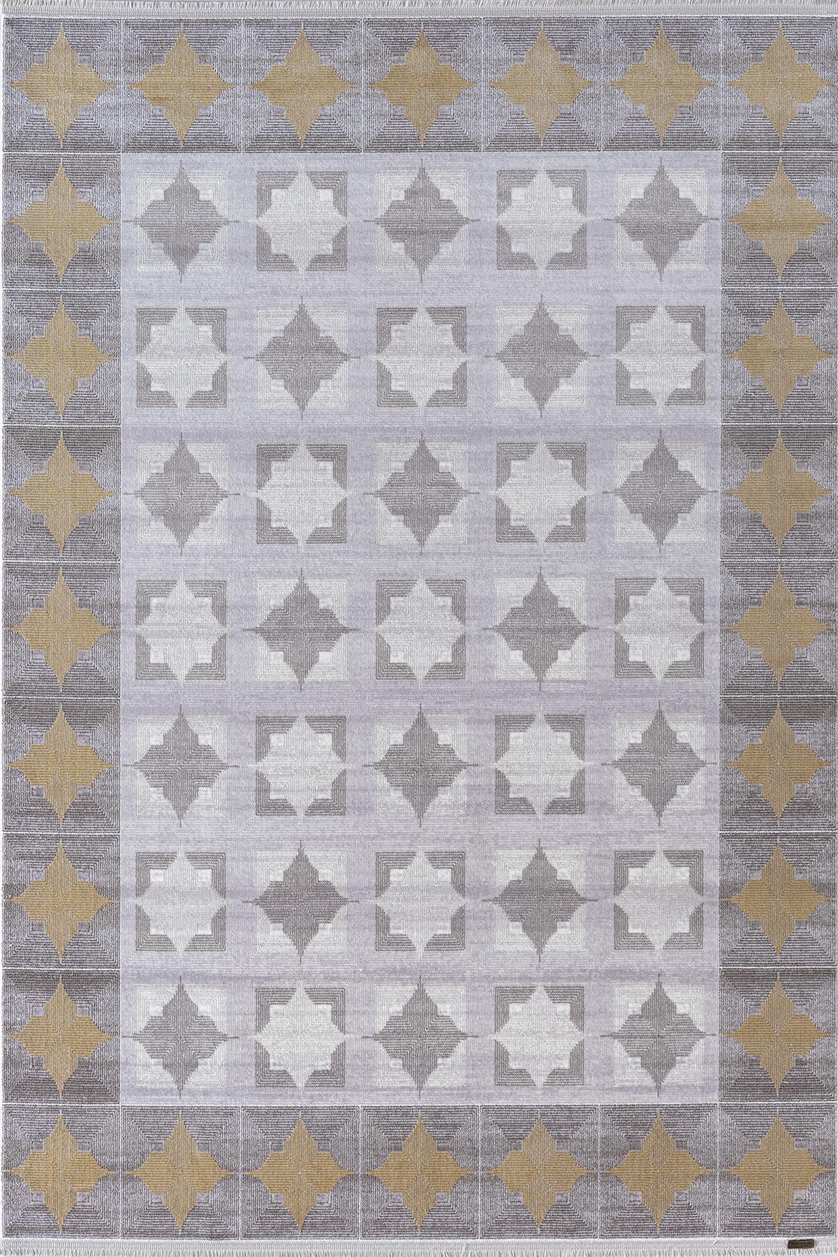 By Özer Halı Gri Halı Gold Detaylı Klasik Geometrik Desenli Karmen Halı Trend 008A Salon Halısı