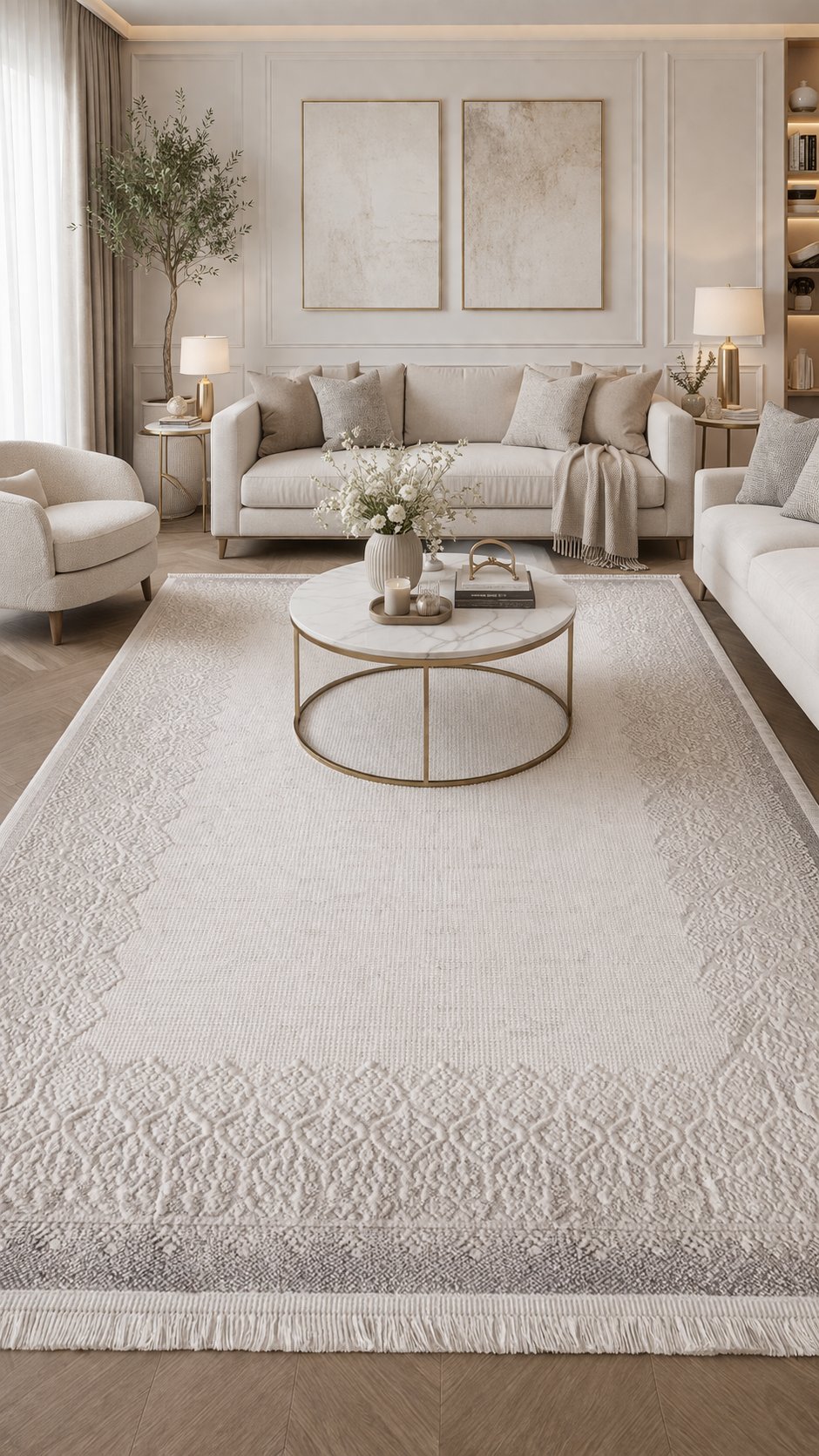 By Özer Halı Gri Renk Bej Desenli Modern Stil Artemis Halı Romantik 02435A Salon Halısı
