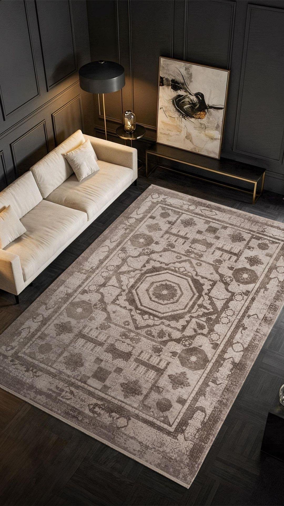 By Özer Halı Gri Renk Bordürlü Desenli Modern Stil Karmen Halı Art AT004G Salon Halısı