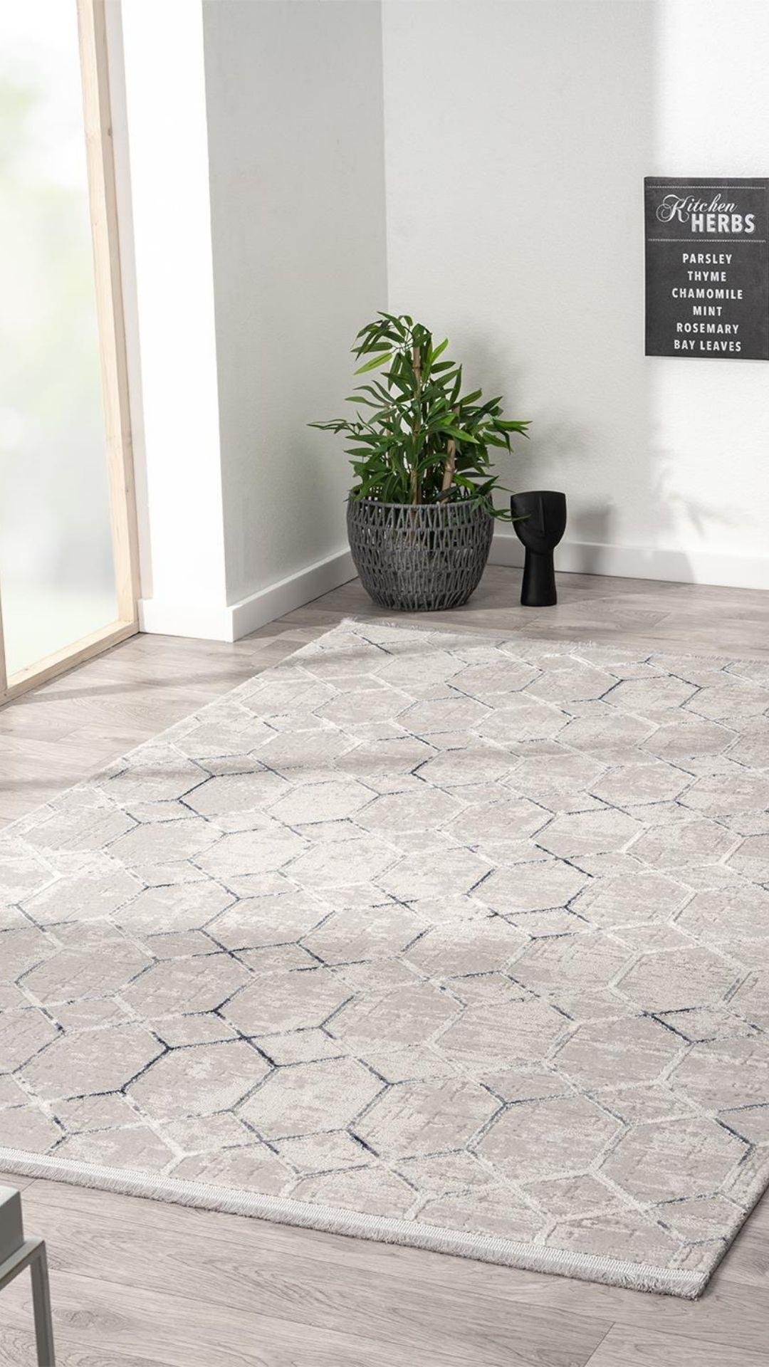 By Özer Halı Gri Renk Geometrik Şekilli Modern Stil Karmen Halı Soft 01805A Salon Halısı