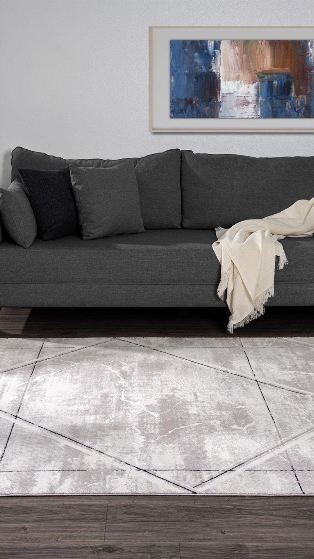 By Özer Halı Gri Renk Geometrik Şekilli Modern Stil Karmen Halı Dark DK001G Salon Halısı