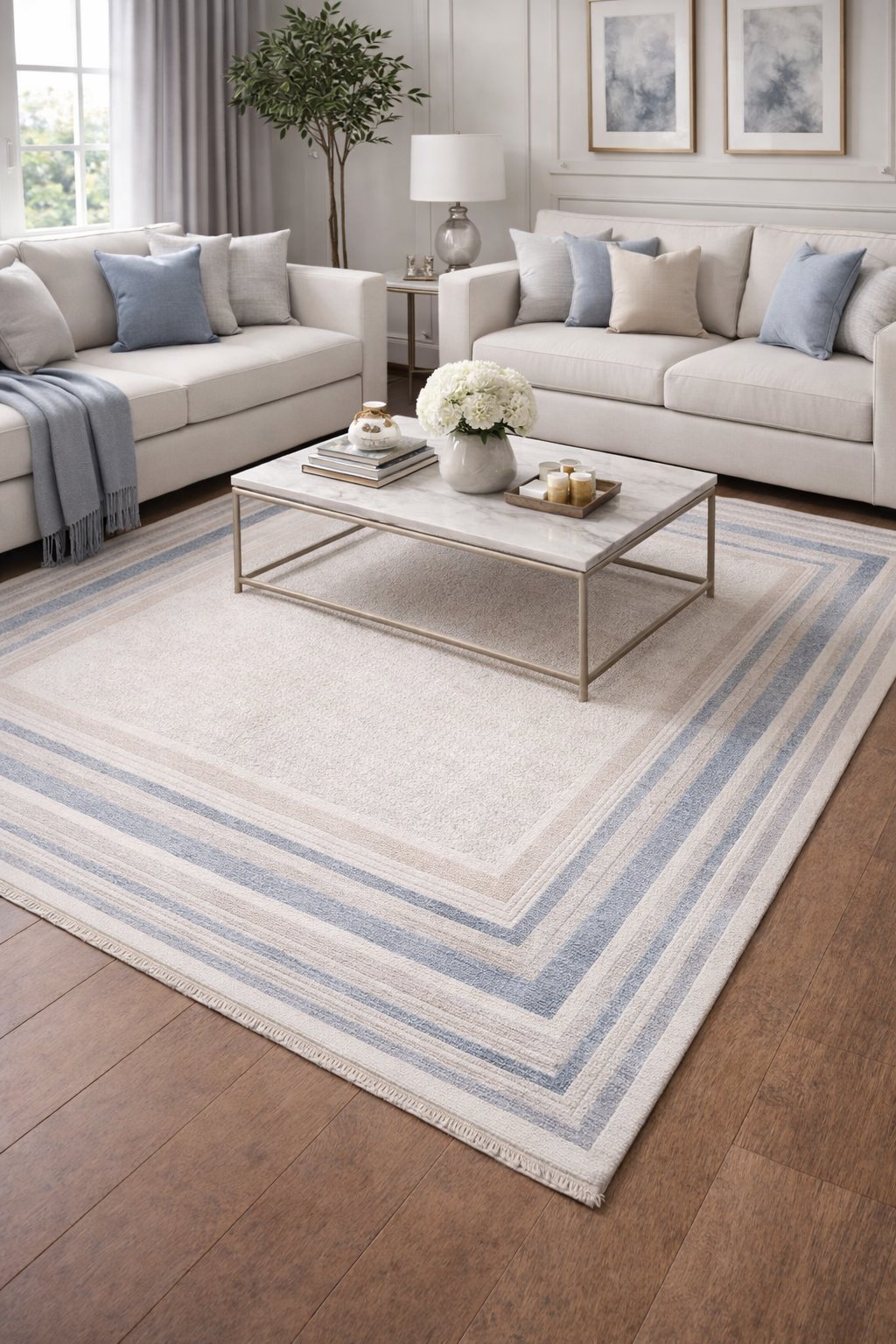 By Özer Halı Gri Renk Mavi Bordürlü Modern Stil Artemis Halı Romantik 02441B Salon Halısı