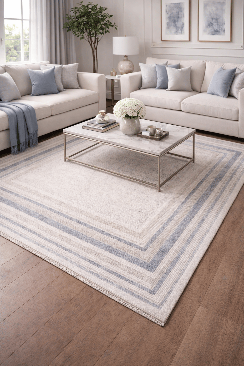 By Özer Halı Gri Renk Mavi Bordürlü Modern Stil Artemis Halı Romantik 02432B Salon Halısı