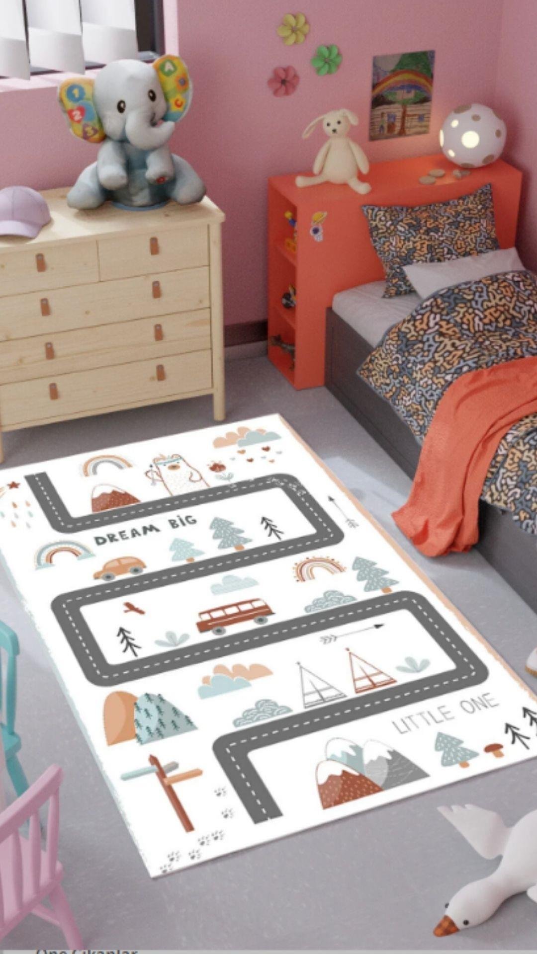 By Özer Halı Karlı Yol Temalı Makinede Yıkanabilir Dot Taban Modern Stil Çocuk Odası Halısı