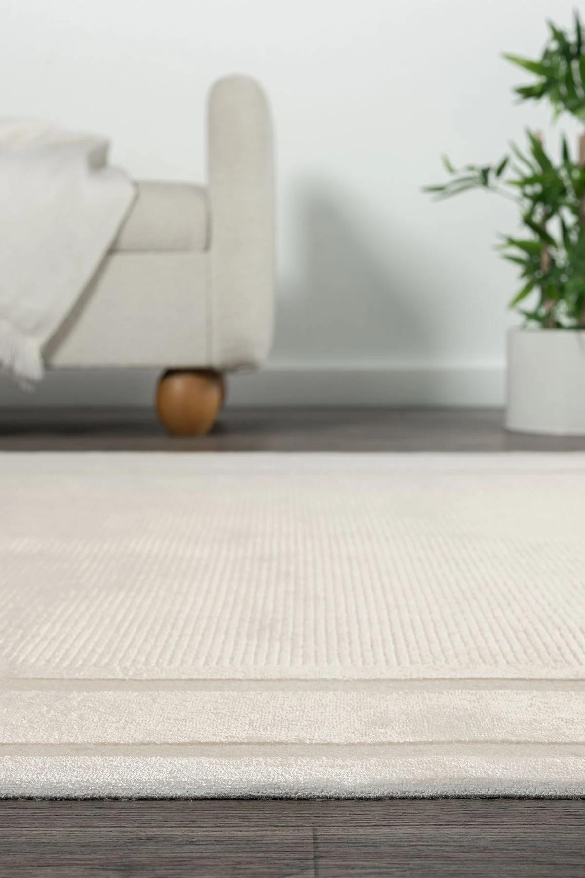 By Özer Halı Krem Renk Bej Bordürlü Modern Stil Koza Halı Lara A0251A Salon Halısı