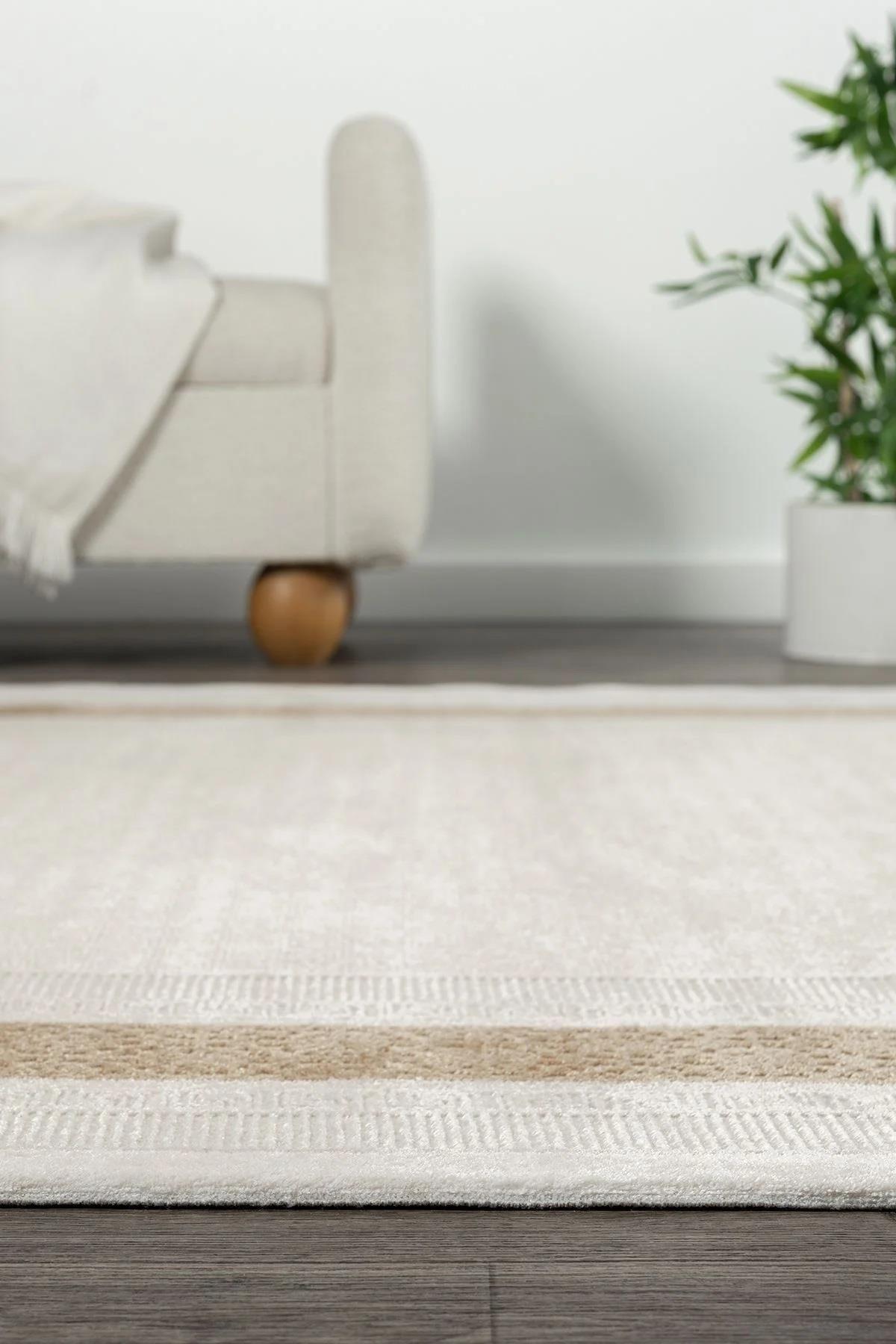 By Özer Halı Krem Renk Gold Bordürlü Modern Stil Koza Halı Lara A0333D Salon Halısı