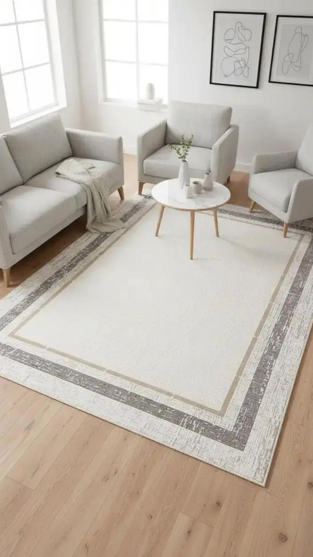 By Özer Halı Krem Renk Gri Bordürlü Modern Koza Halı Lara A3401B Salon Halısı