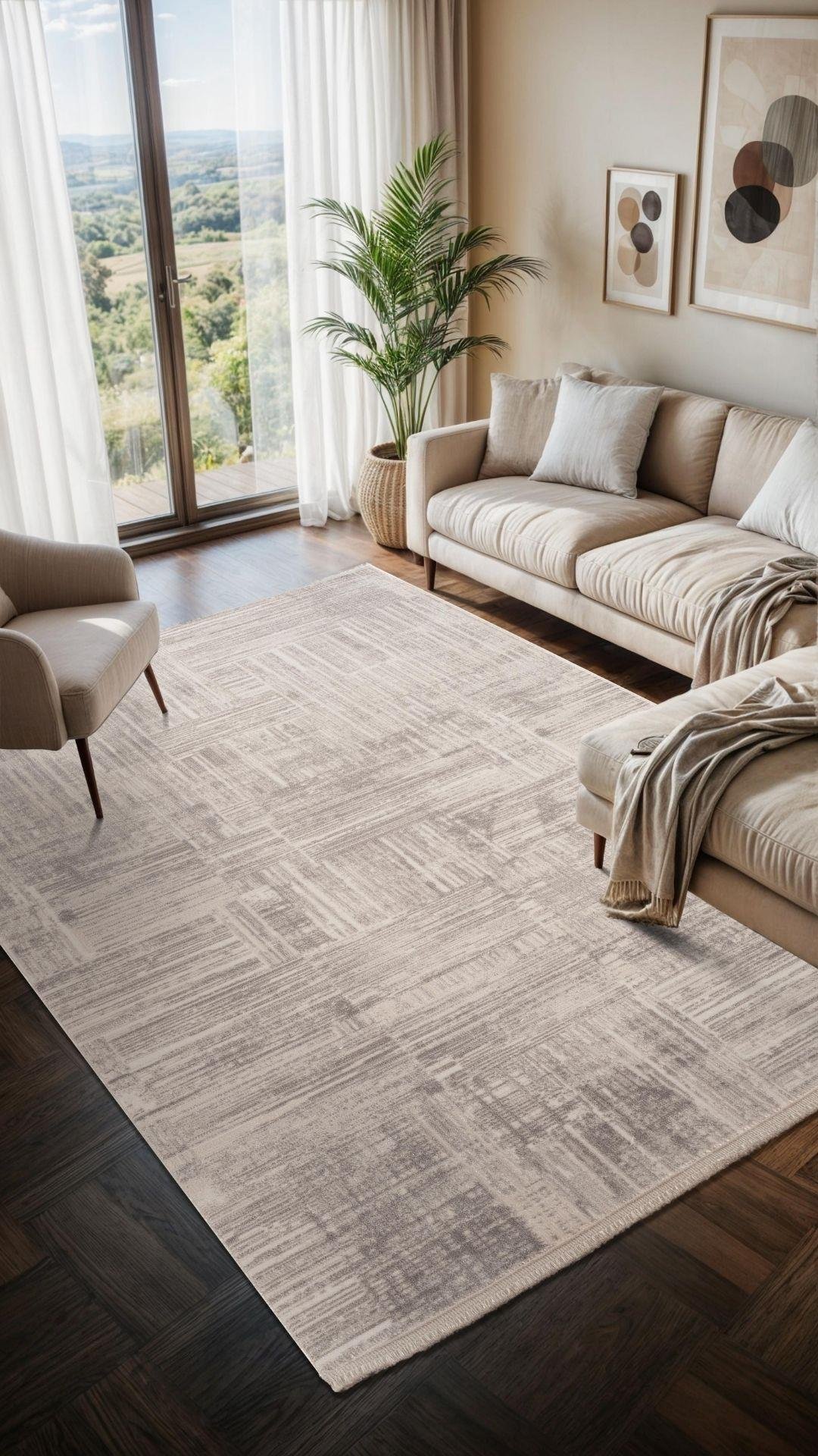 By Özer Halı Krem Renk Gri Desenli Modern Stil Saten Tekstil Moon MO102G Salon Halısı