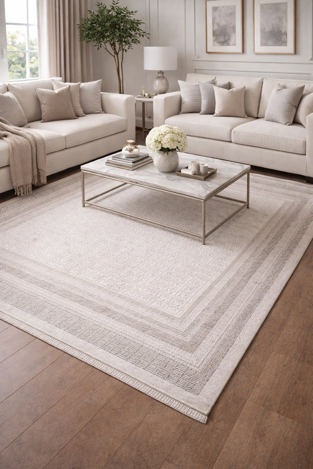 By Özer Halı Krem Renk Kahve Bordürlü Modern Stil Artemis Halı Romantik 02425A Salon Halısı