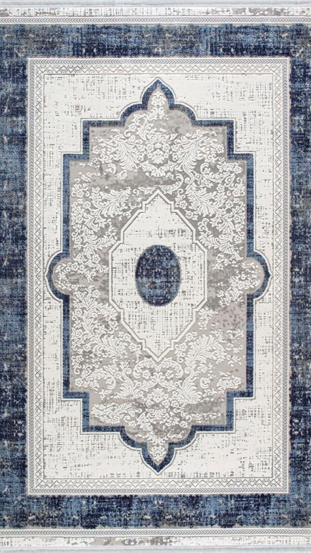 By Özer Halı Krem Renk Mavi Bordürlü Modern Stil Artemis Halı Murano 02994A Salon Halısı