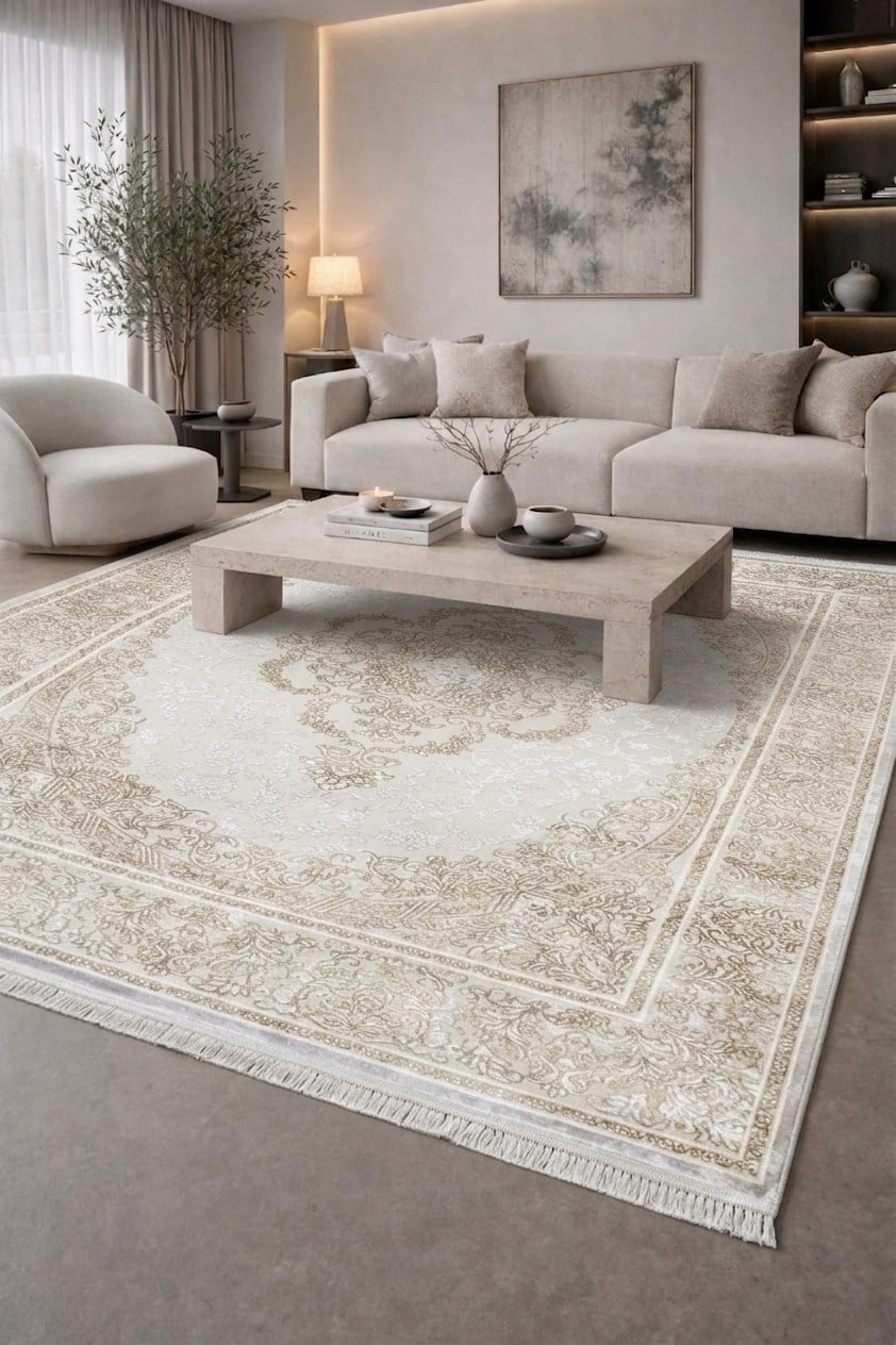 By Özer Halı Krem Renk Sarı Bordürlü Klasik Stil Artemis Halı Dream 09706D Salon Halısı