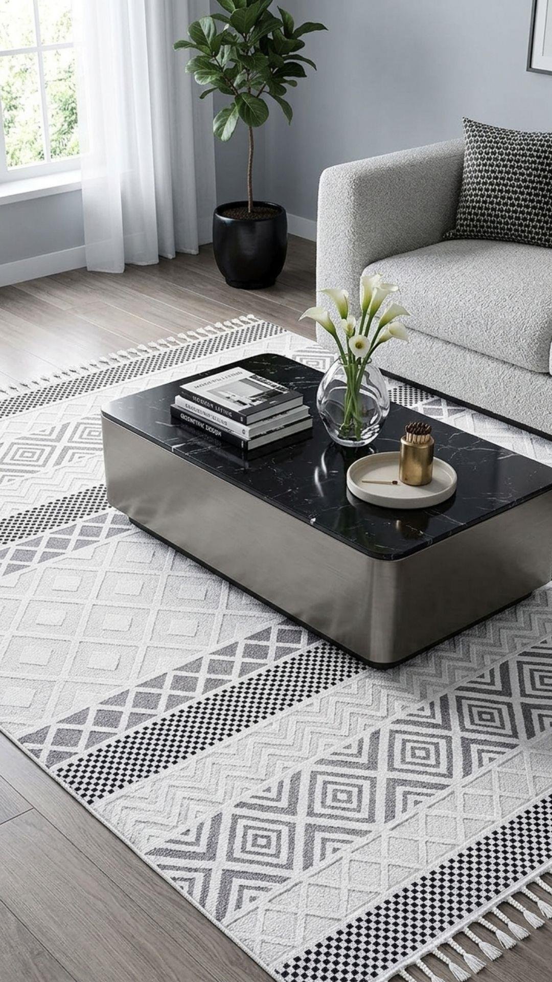 By Özer Halı Krem Siyah Renk Modern Stil Akrilik İplik Monaco 33342Z Salon Halısı