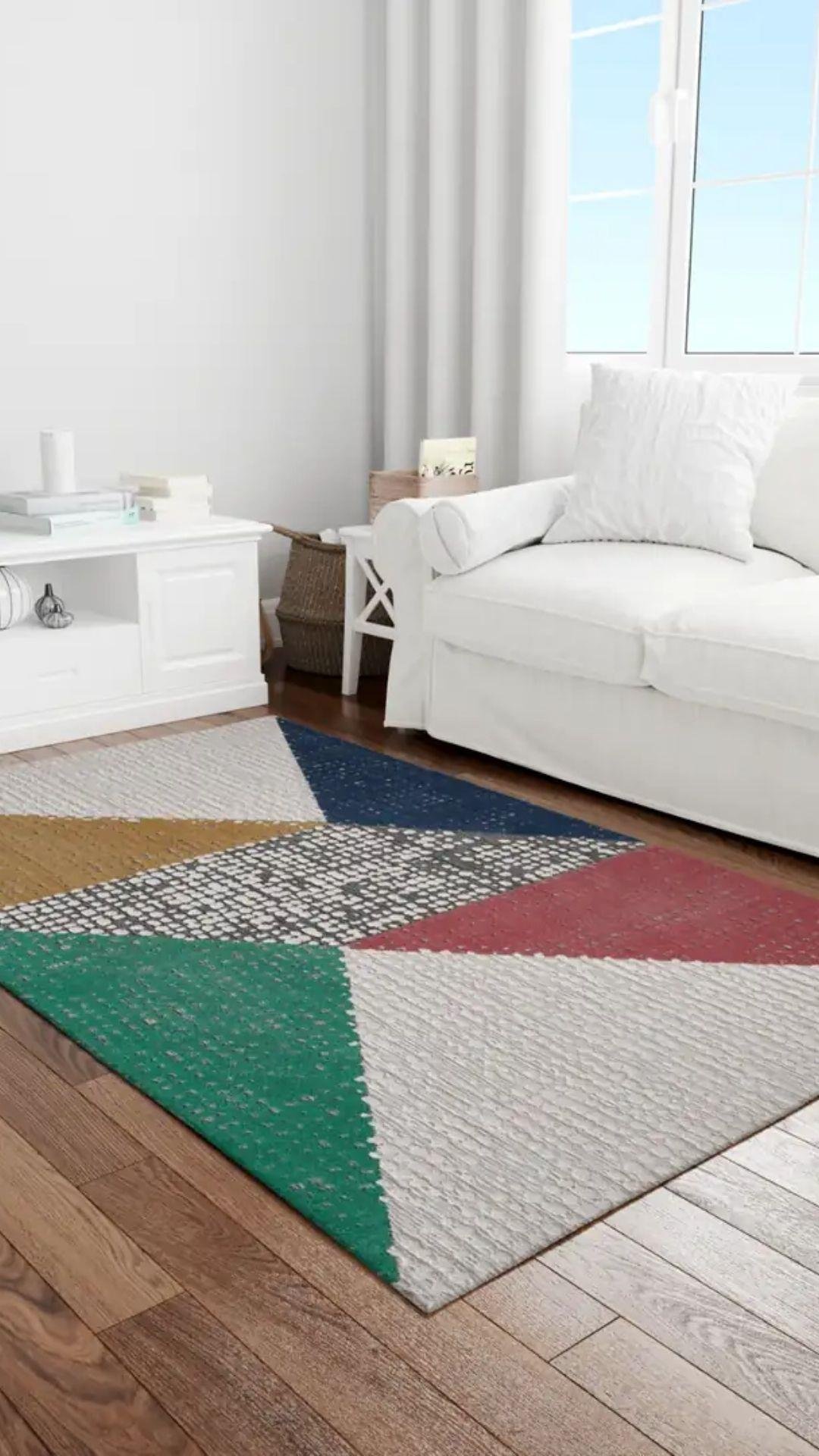 By Özer Halı Lacivert Yeşil Geometrik Desenli Modern Majolika Halı Moderngo MD00A Salon Halısı