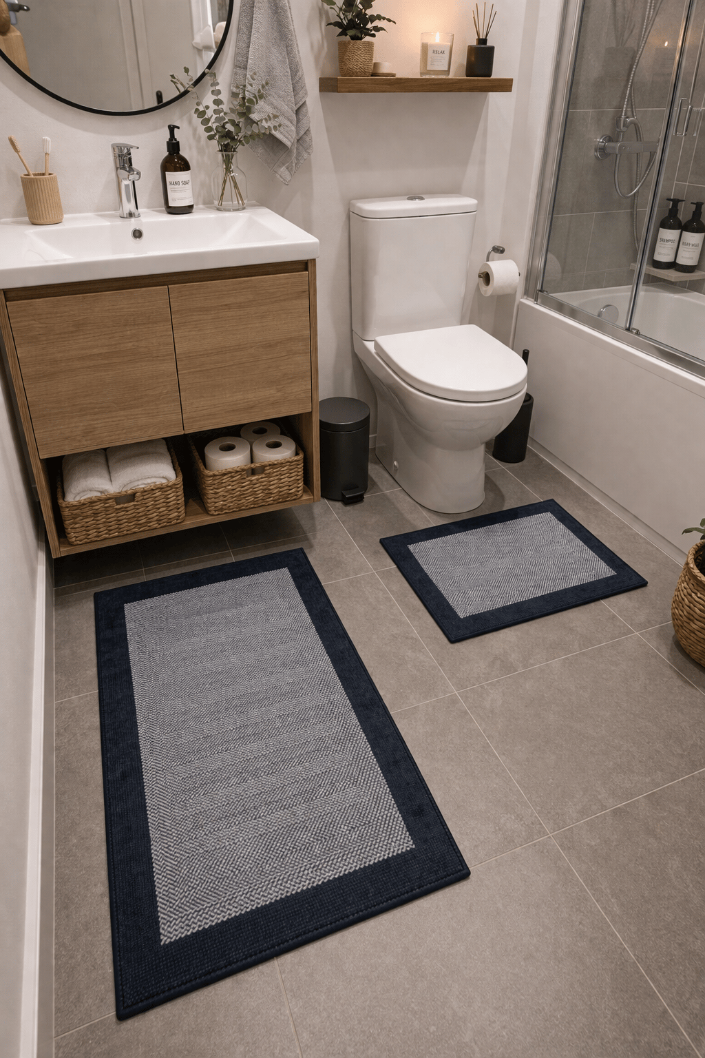 By Özer Halı Siyah Renk Sisal Desenli 2'li Dijital Baskı Banyo Seti