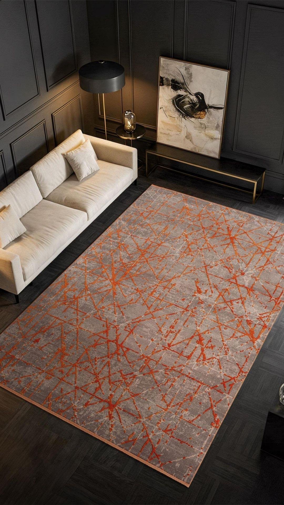 By Özer Halı Turuncu Renk Desenli Modern Stil Karmen Halı Art AT005T Salon Halısı