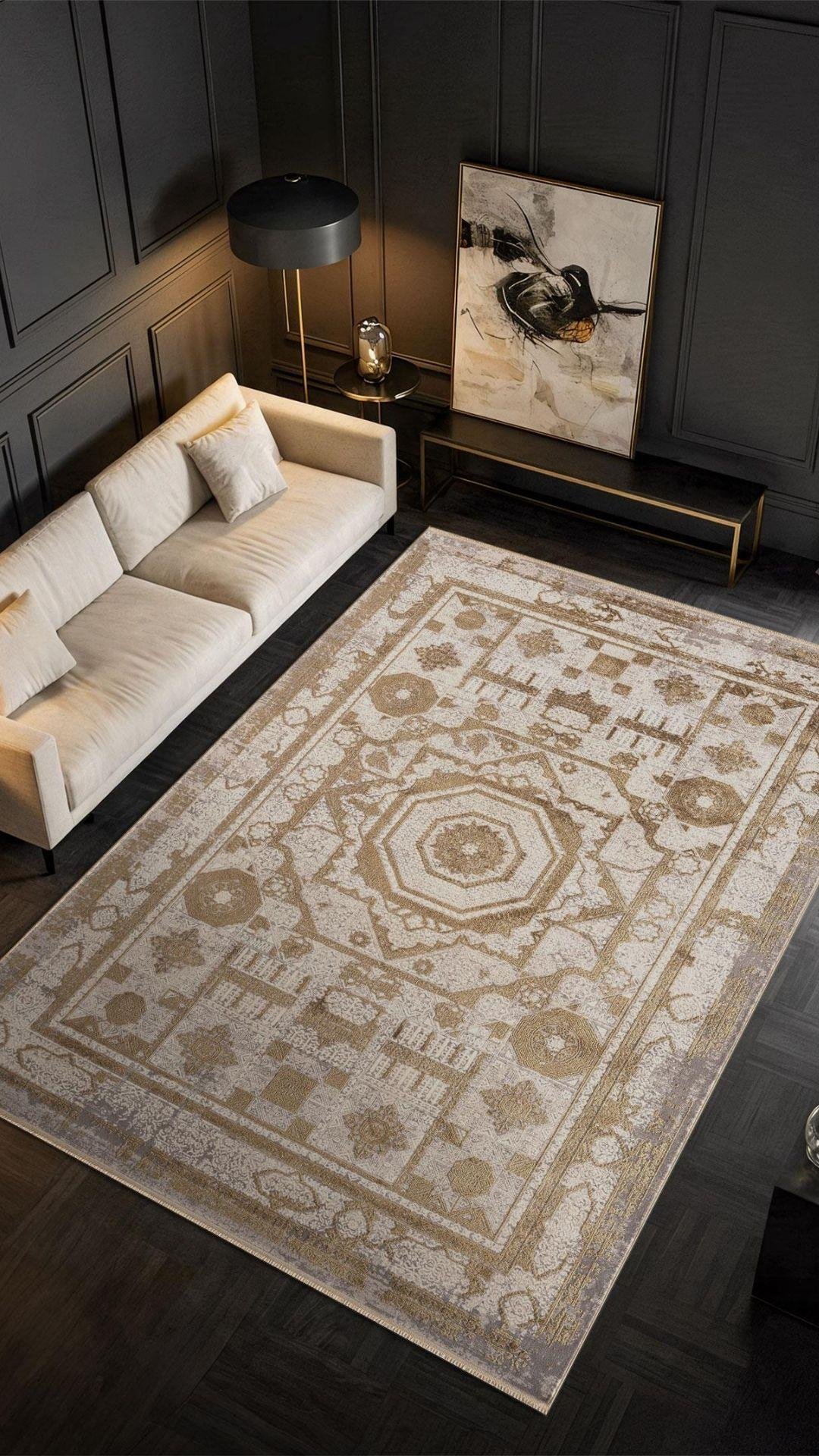 By Özer Halı Vizon Renk Bordürlü Desenli Modern Stil Karmen Halı Art AT004B Salon Halısı