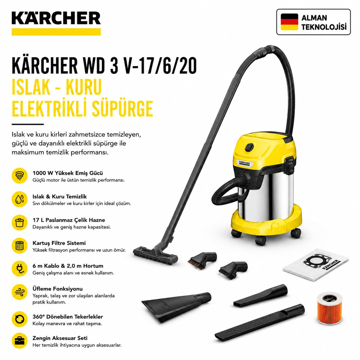 Kaercher WD 3 V-17/6/20 Islak - Kuru Elektrikli Süpürge