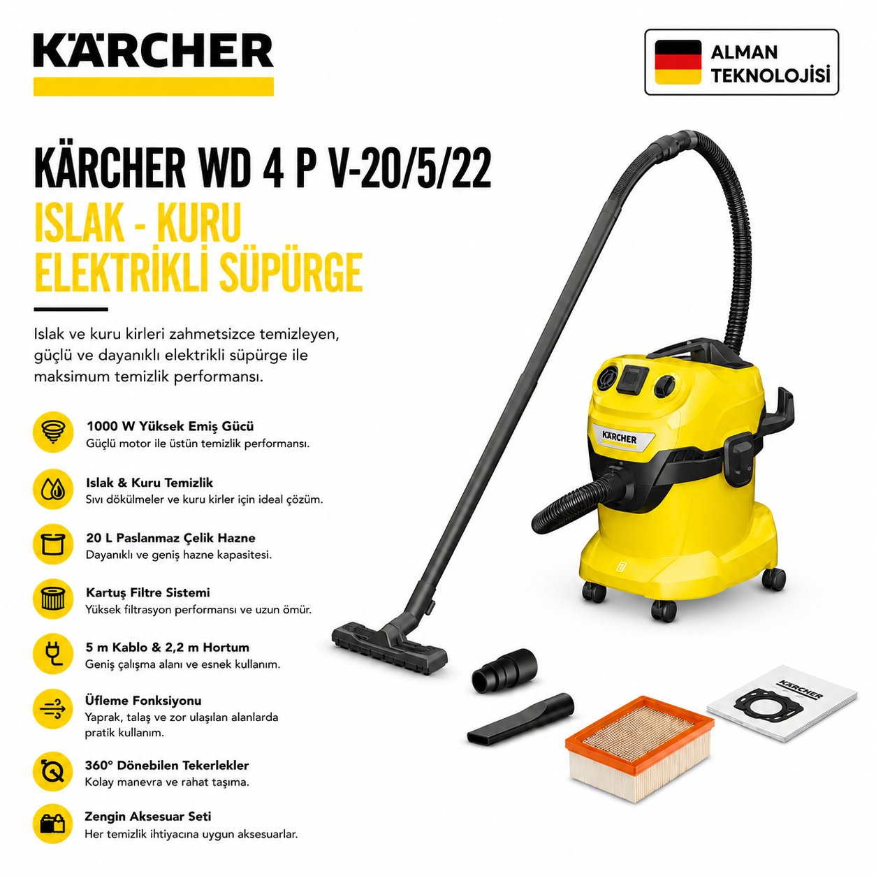 Kaercher WD 4 P V-20/5/22 Islak - Kuru Elektrikli Süpürge