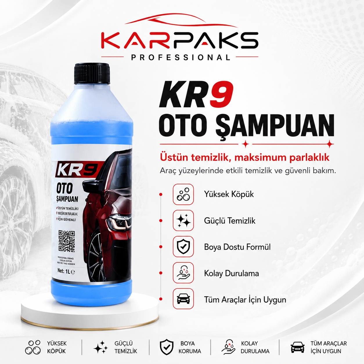 KARPAKS KR9 Oto Şampuan 1 LT | Yoğun Köpüklü Profesyonel Araç Şampuanı