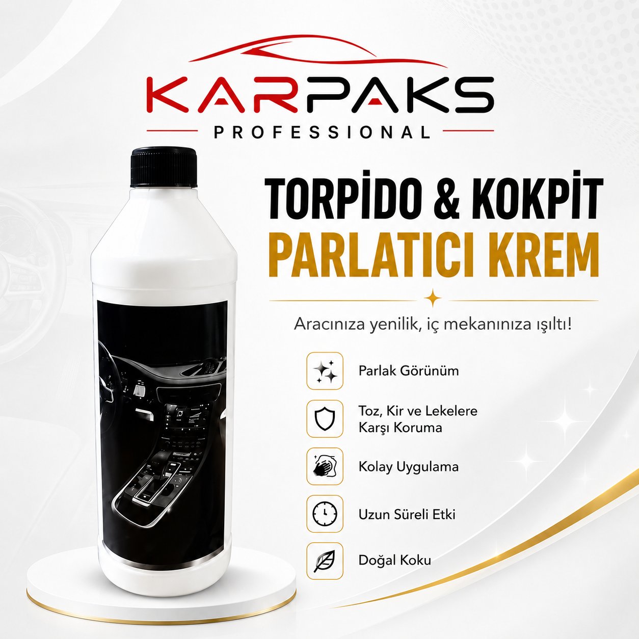 KARPAKS Torpido & Kokpit Parlatıcı Krem 1 LT | Araç İçi Plastik Yenileyici