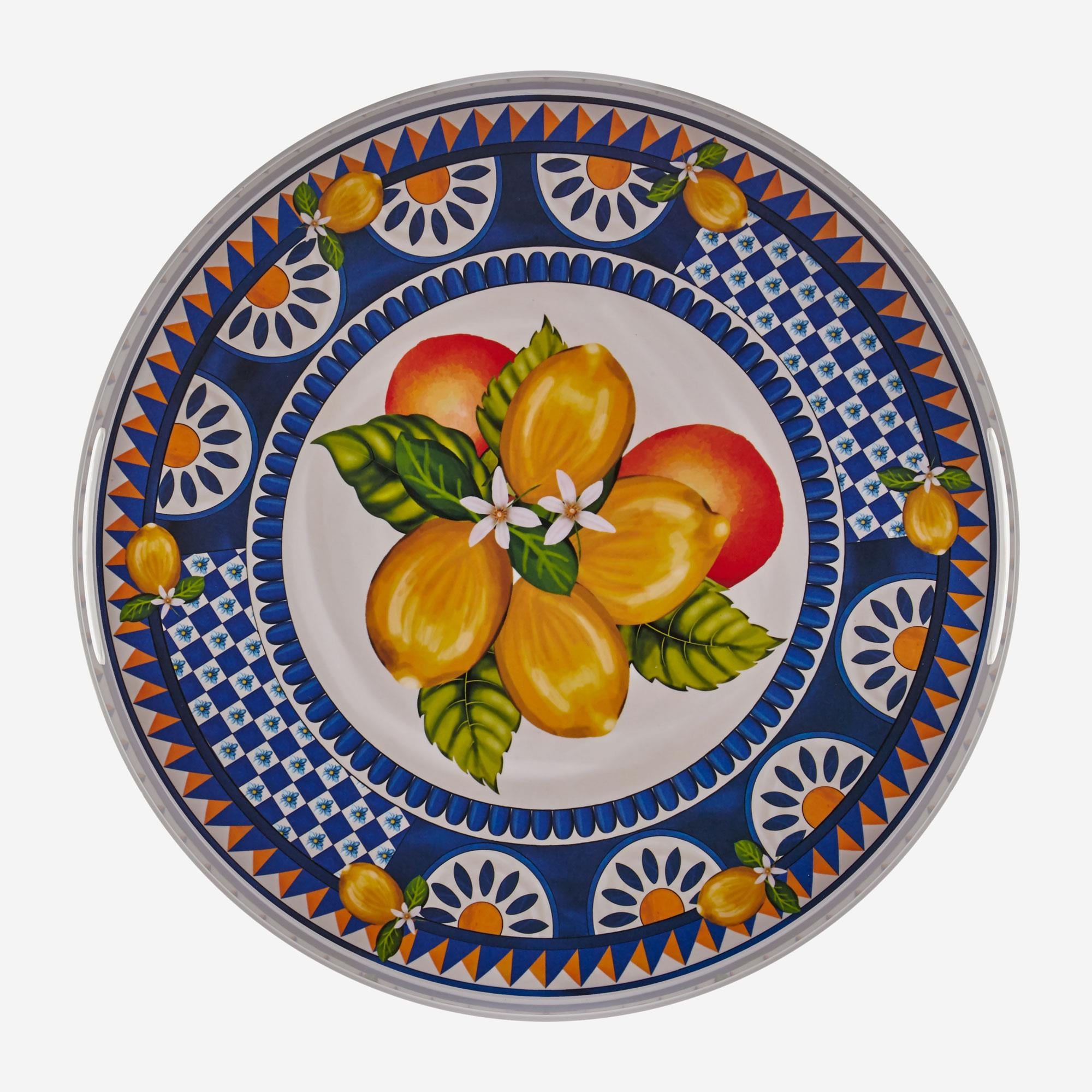 CHIARA ALESSİ Portofino Mavi Limon Buketi Yuvarlak Tepsi 40 cm