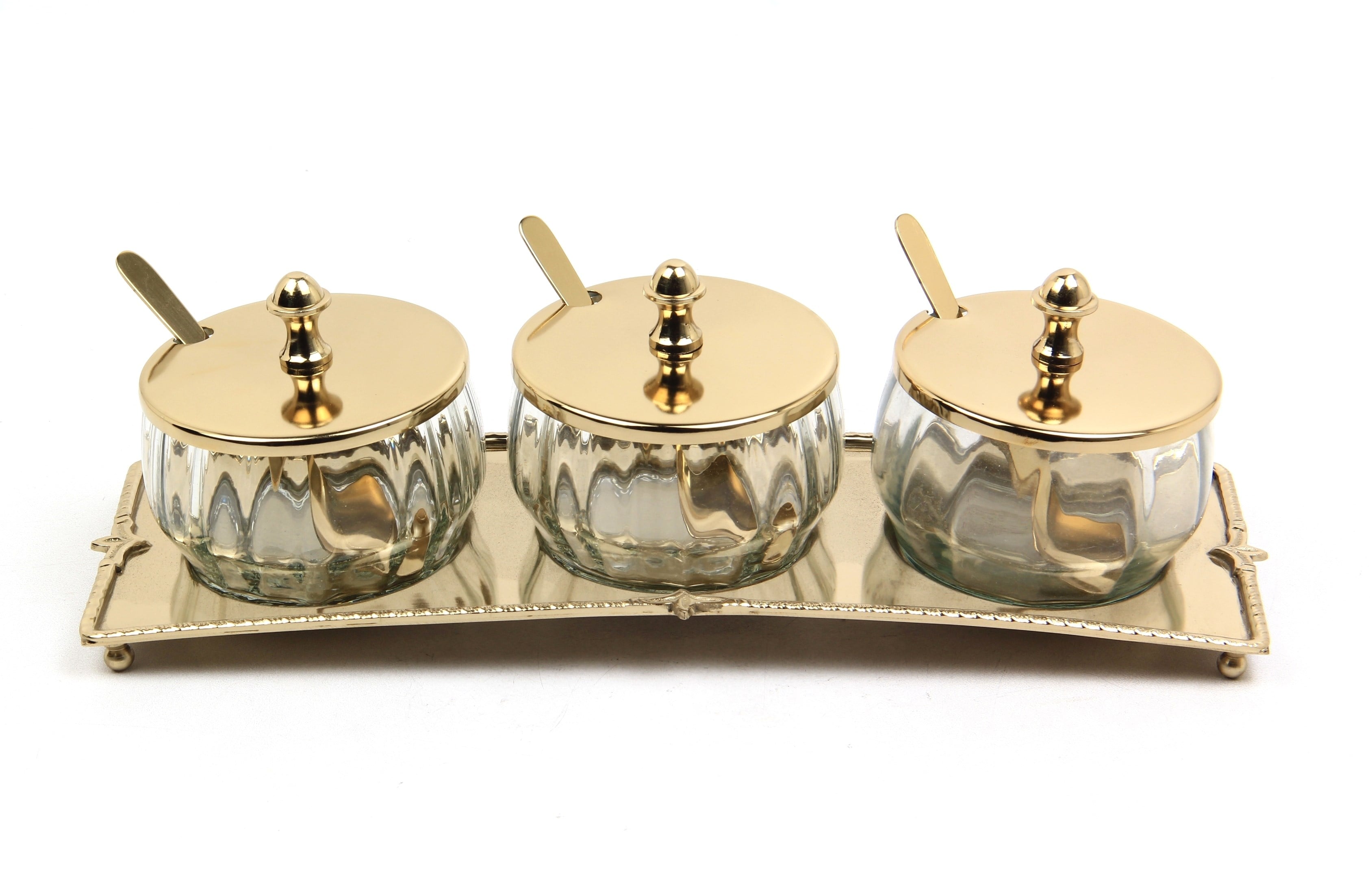 Lmd Optık Cam Tepsılı Gold 3lu Baharatlık Setı 11,5x33x10,5 Cm