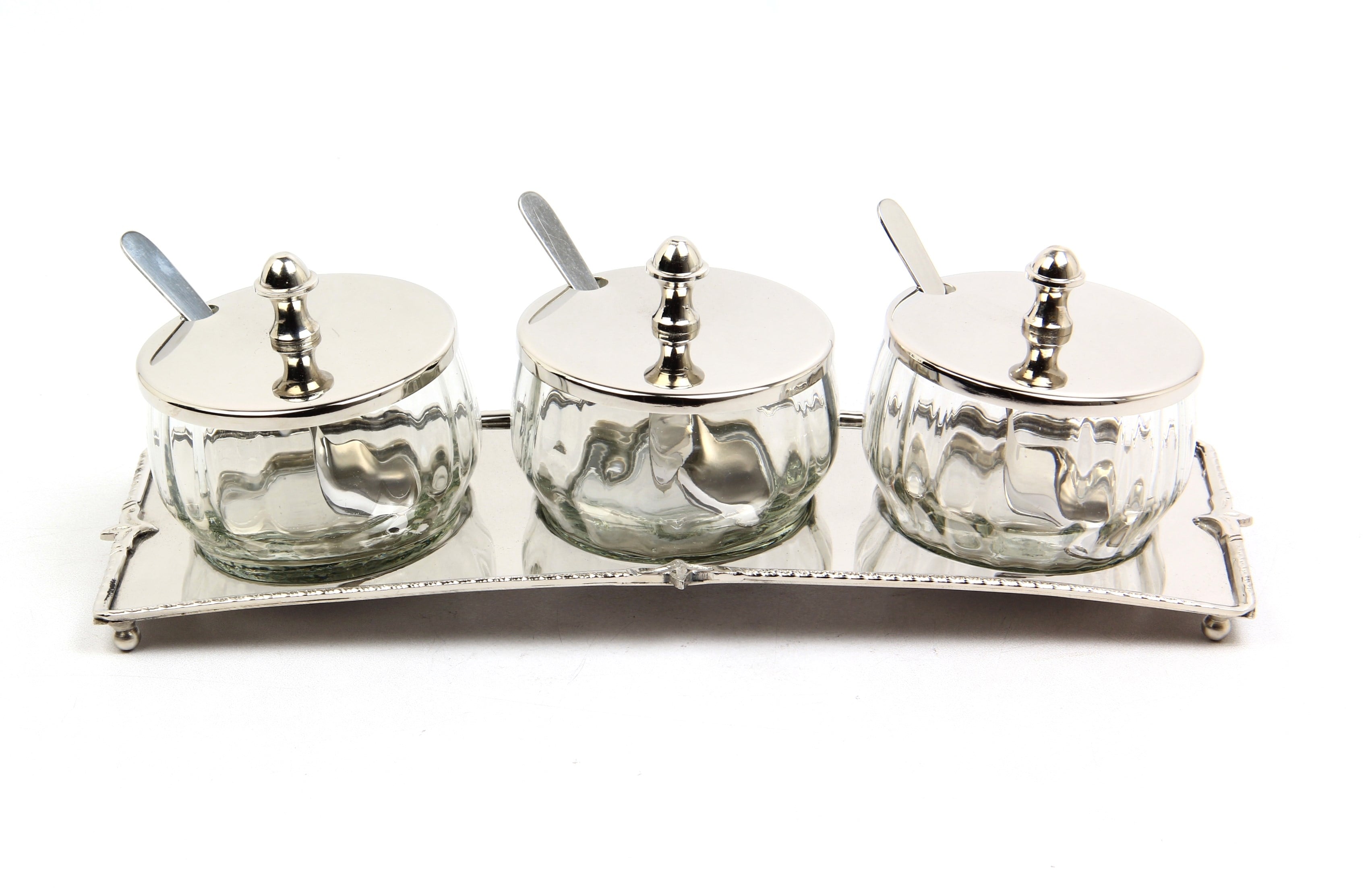 Lmd Optık Cam Tepsılı Nıkel 3lu Baharatlık Setı 11,5x33x10,5 Cm