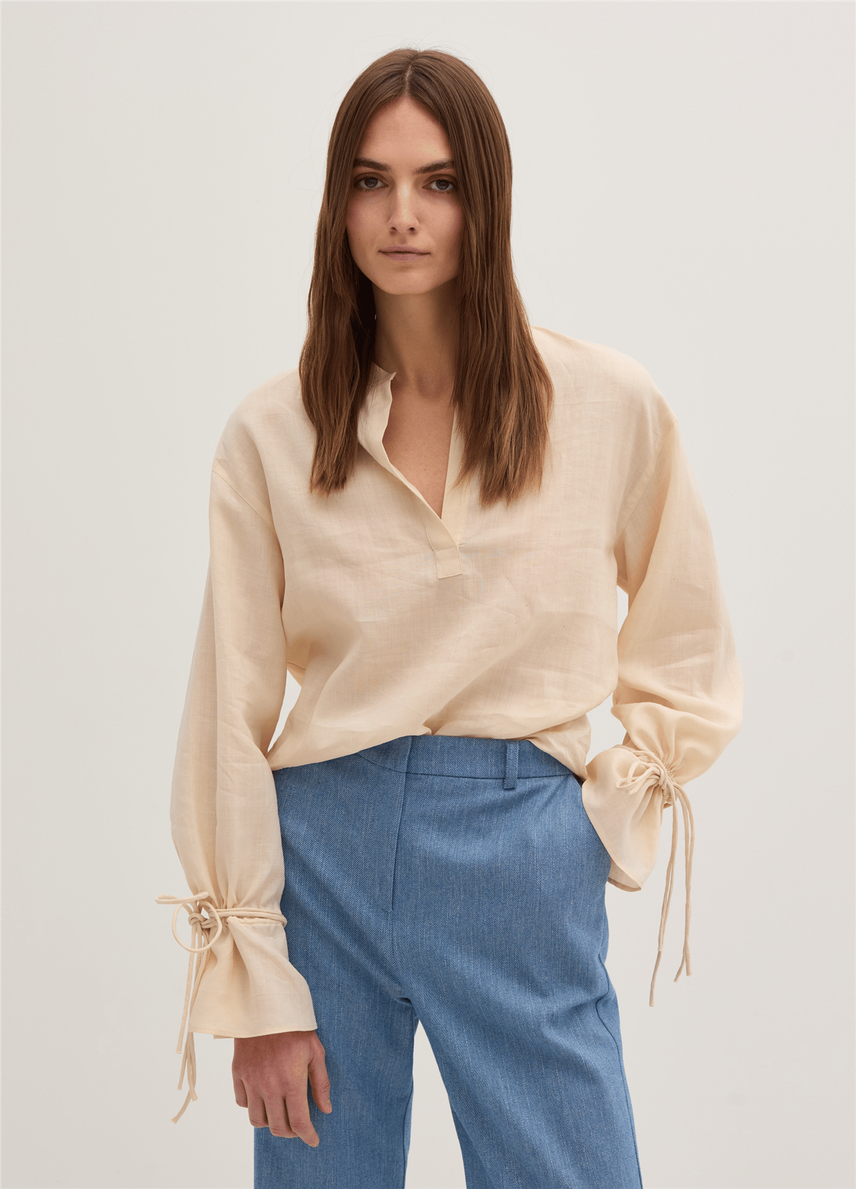 Bağcık Detaylı Oversize Rami Bej Bluz