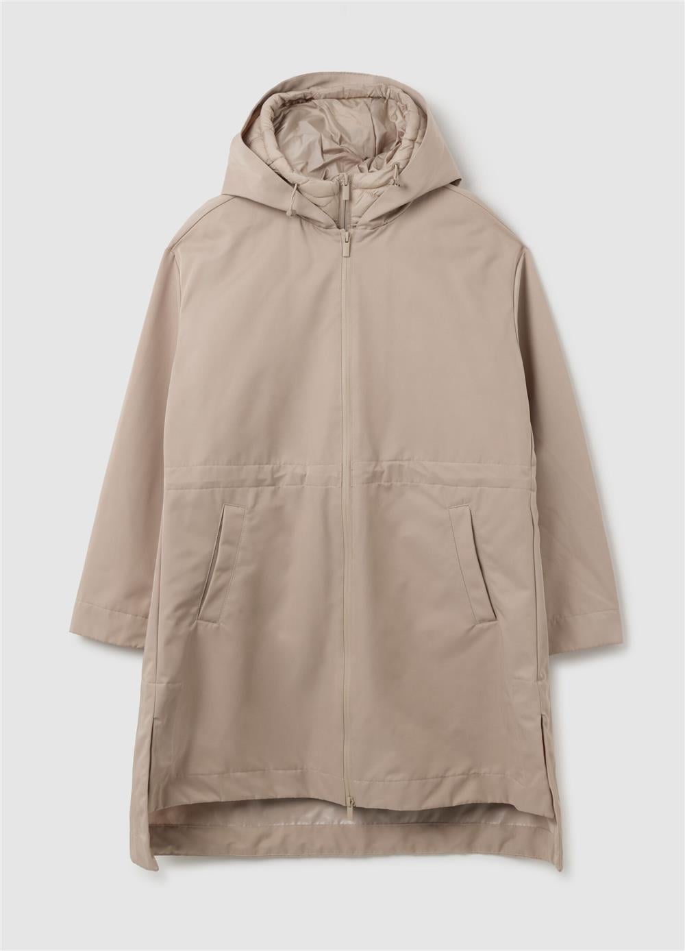 Bej kapüşonlu fermuarlı oversize parka