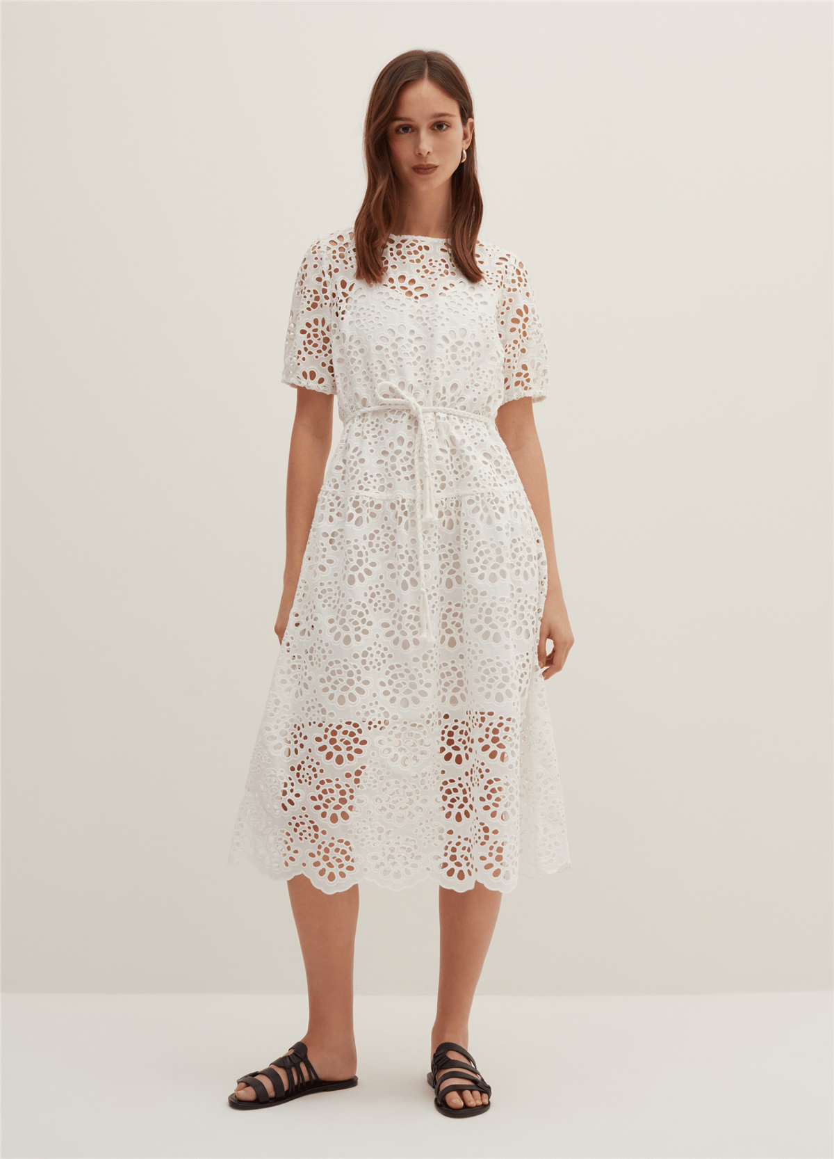 Broderie Anglaise Beyaz Kemerli Midi Elbise