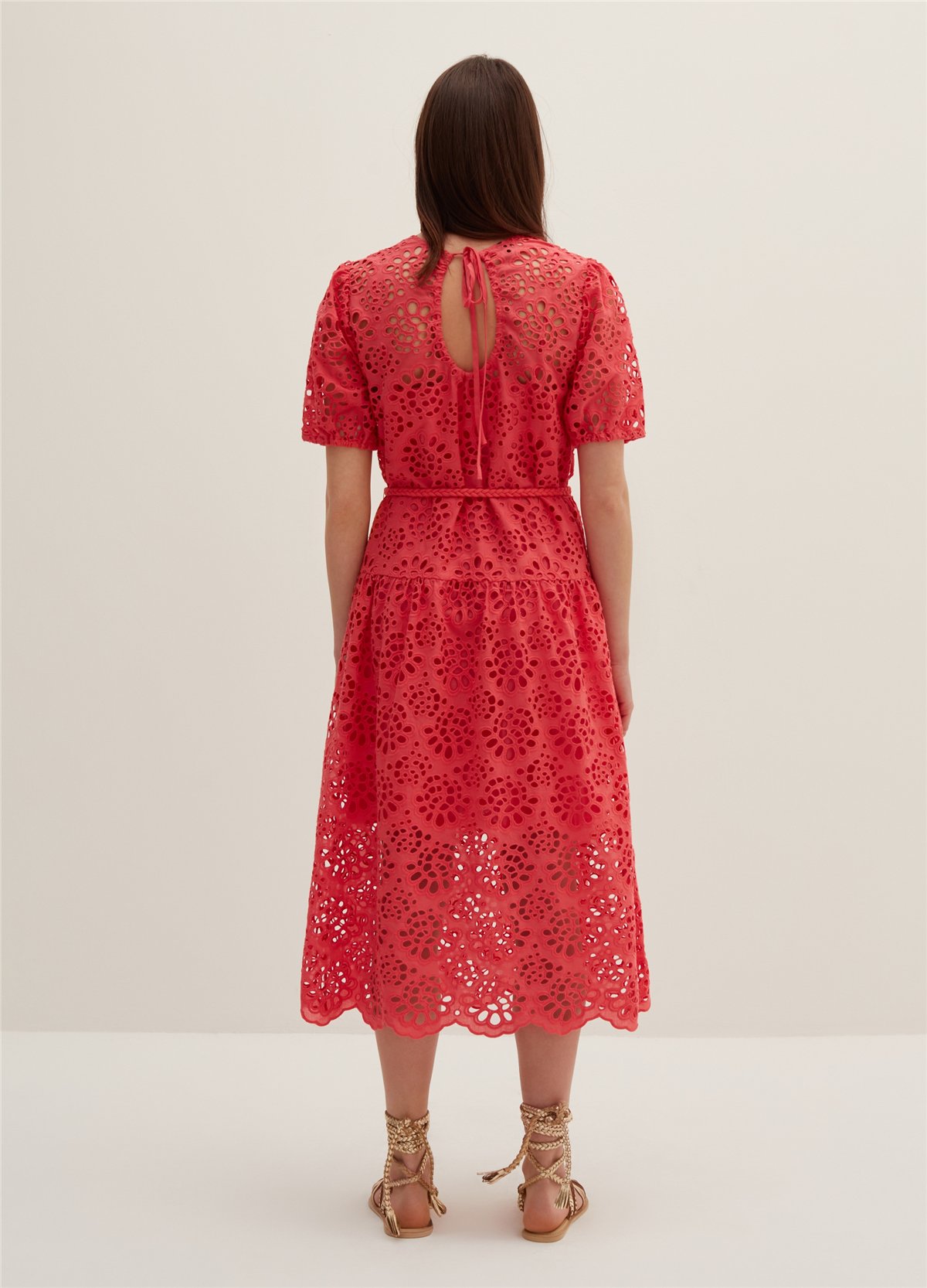 Broderie Anglaise Kırmızı Kemerli Midi Elbise