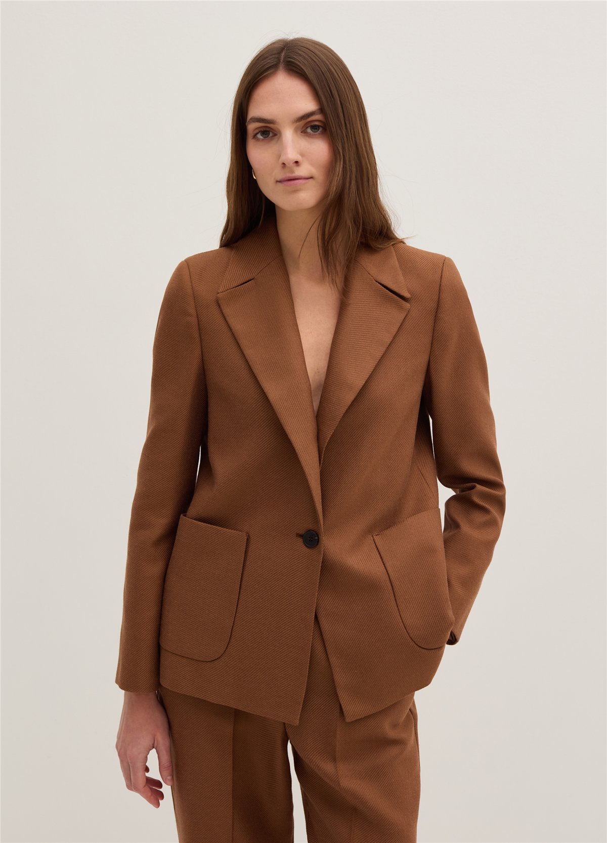 Cepli Düğmeli Parlak Dimi Kumaş Blazer Kahverengi Ceket