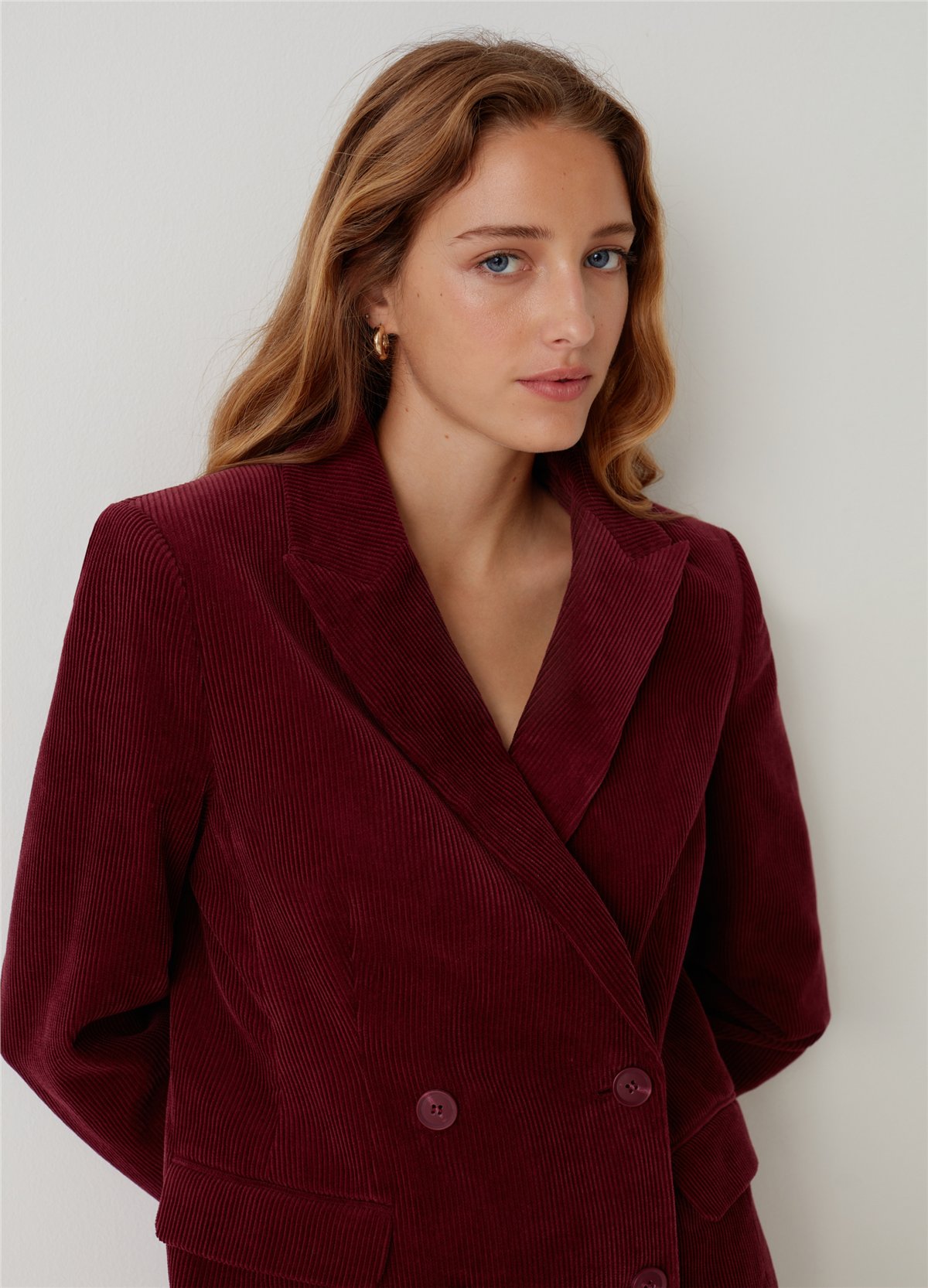 Çift Sıra Düğmeli Fitilli Kadife Bordo Blazer Ceket