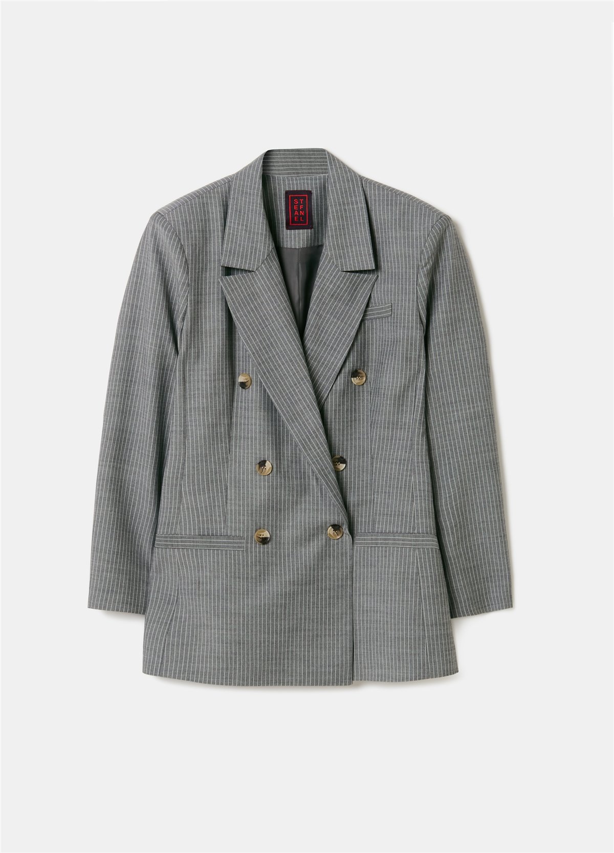 Çift Sıra Düğmeli İnce Çizgili Gri Blazer Ceket