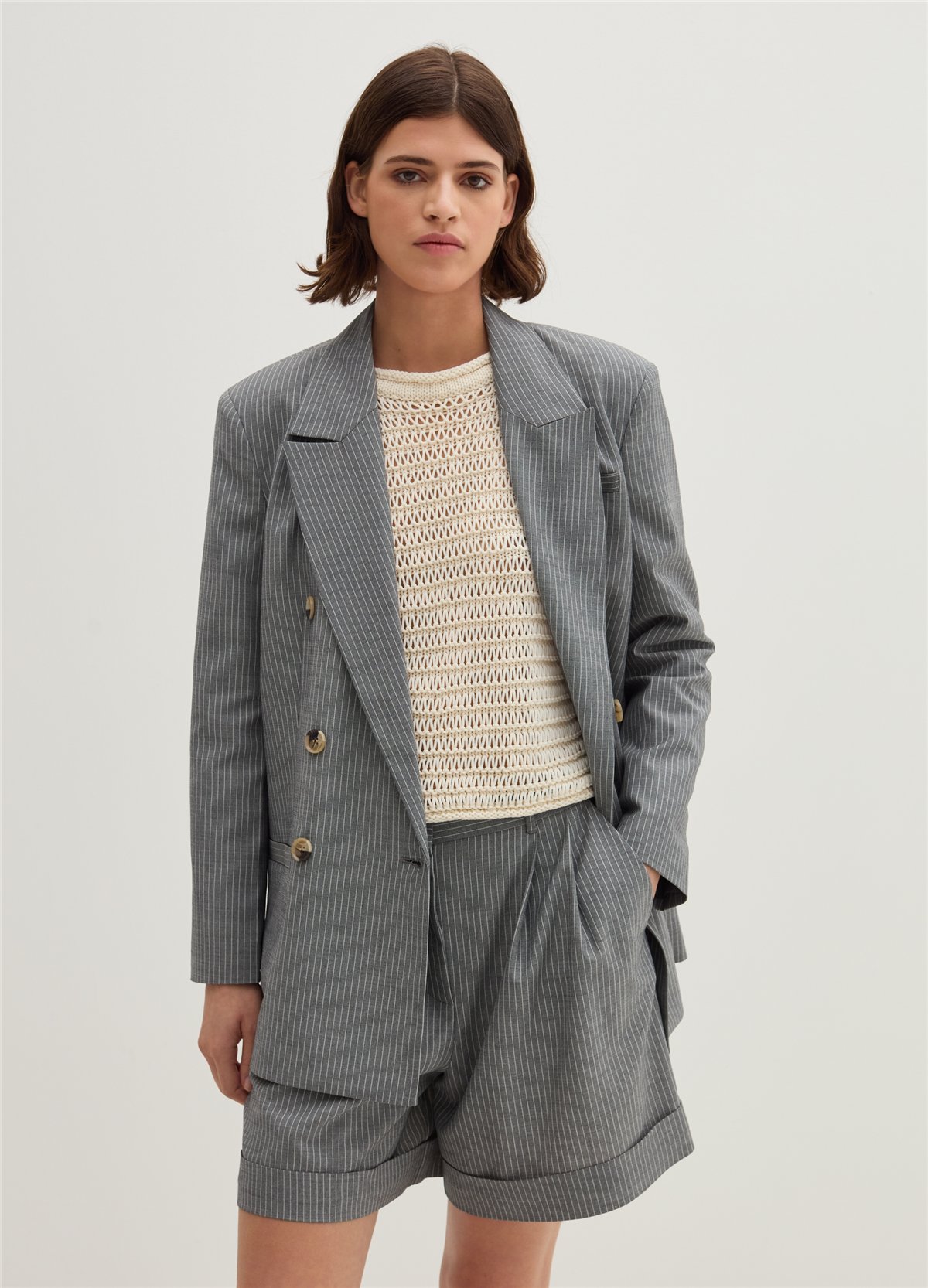 Çift Sıra Düğmeli İnce Çizgili Gri Blazer Ceket