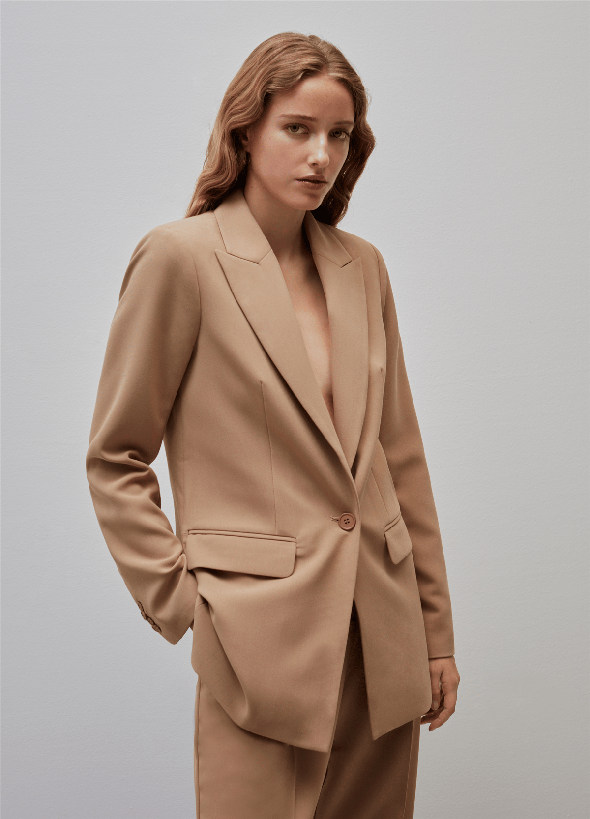 Crêpe Kumaşlı Tek Düğmeli Bej Blazer