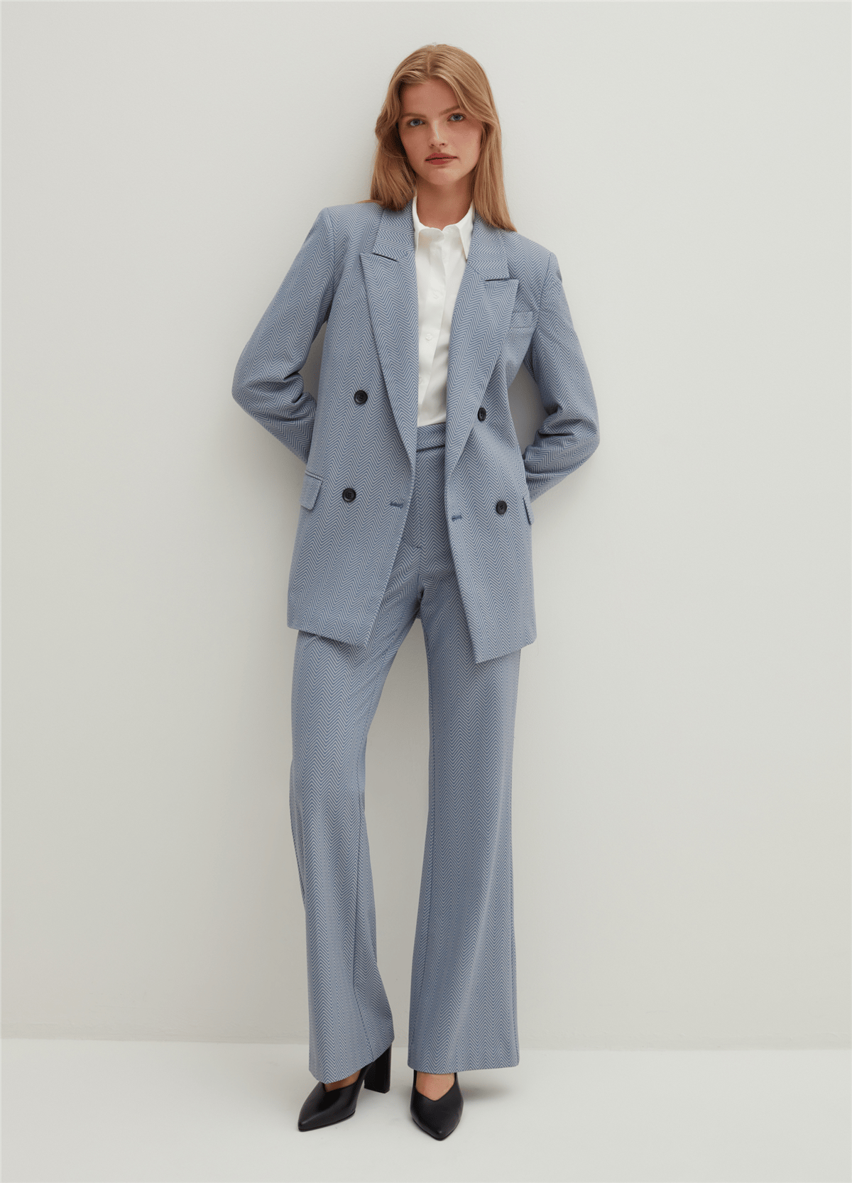 Düz Kesim Mavi Kruvaze Blazer