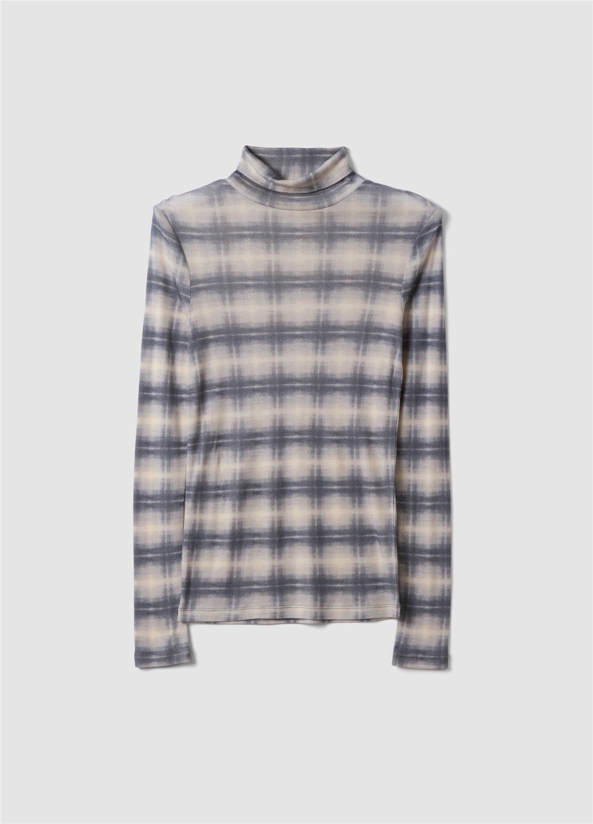 Gri Ekose Desenli Bisiklet Yaka Slim Fit Liyosel Ve Yün Karışımlı Bluz